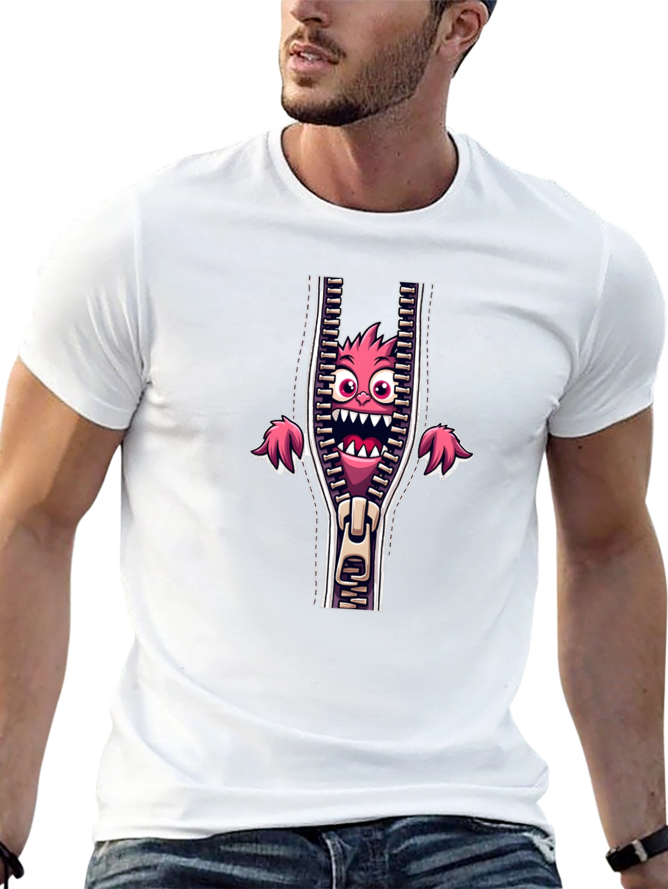 Monster in Zipper Graphic Tee - Funny Cartoon Print
