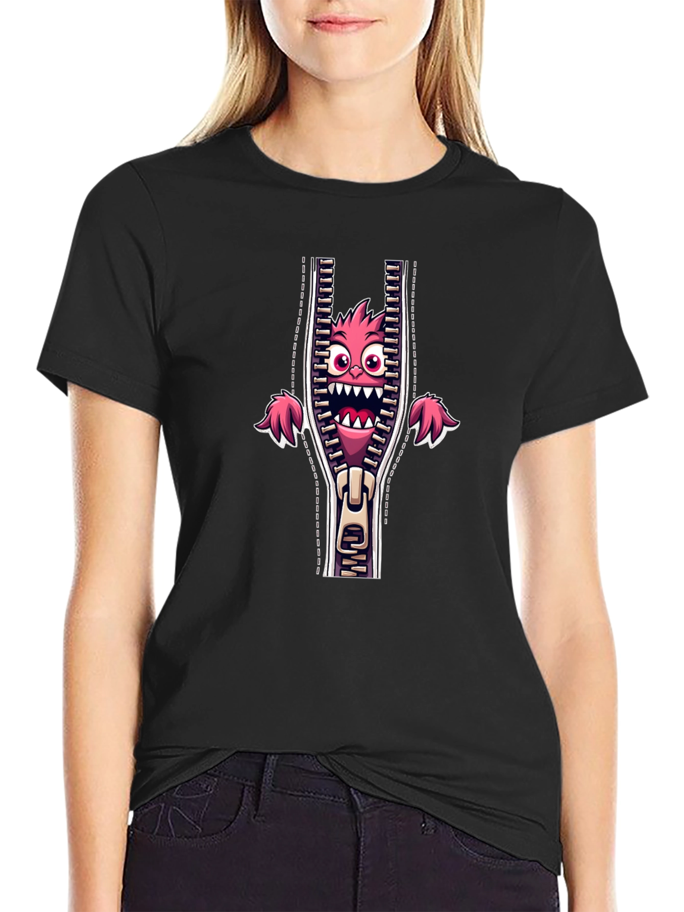 Monster in Zipper Graphic Tee - Funny Cartoon Print