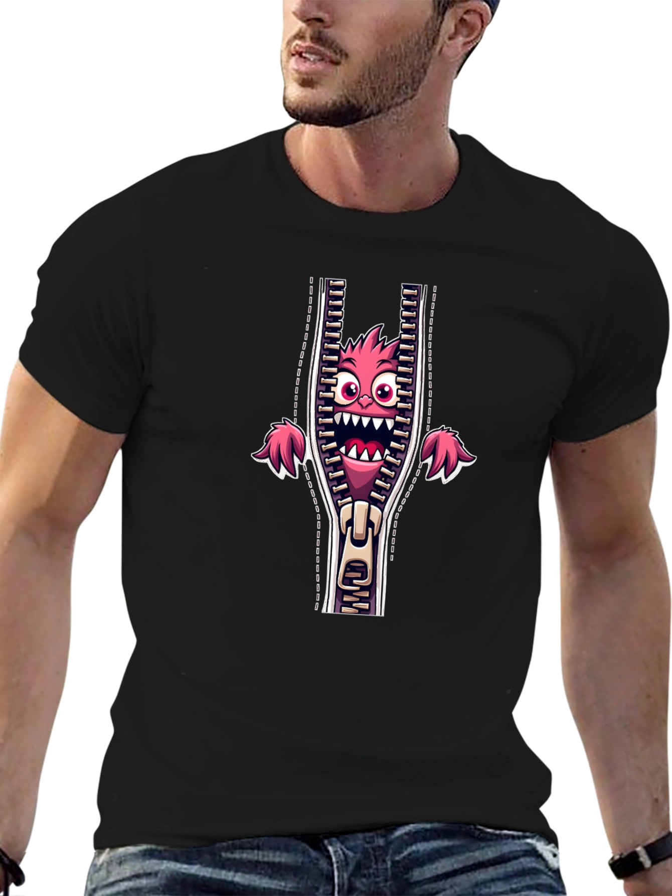 Monster in Zipper Graphic Tee - Funny Cartoon Print
