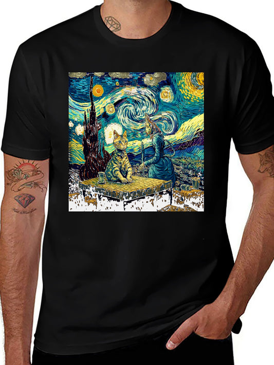 Starry Night Cat T-Shirt - Artistic Unique Design