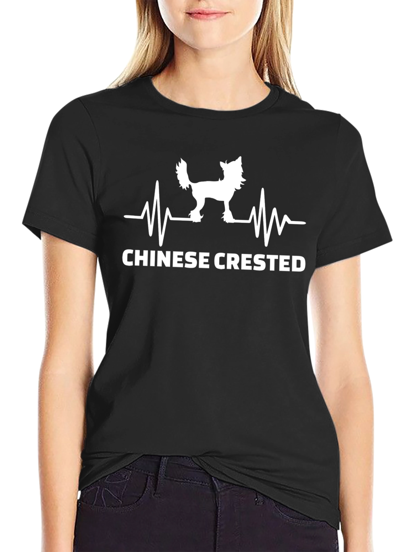 Chinese Crested Dog Heartbeat T-Shirt - Black