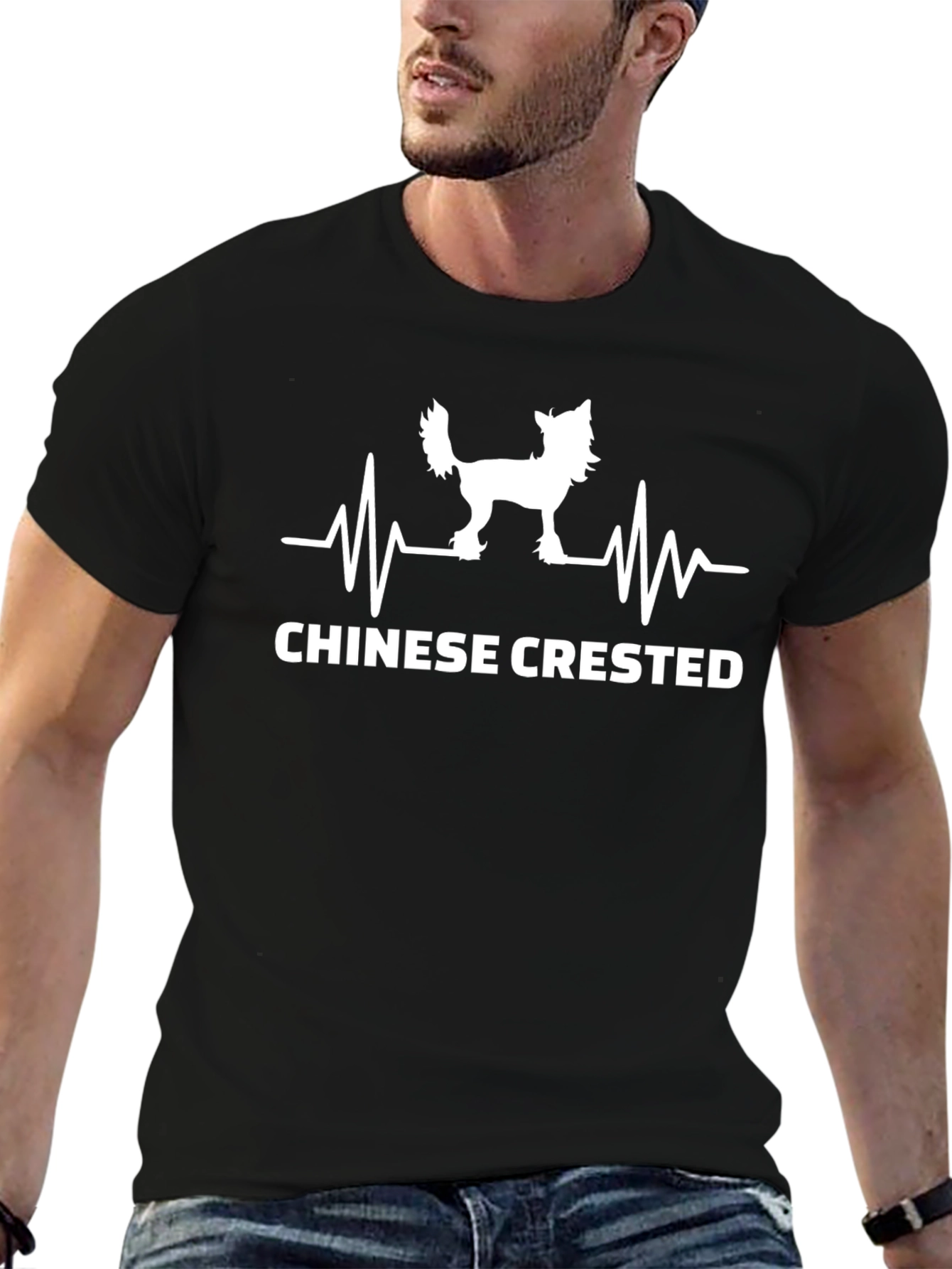 Chinese Crested Dog Heartbeat T-Shirt - Black