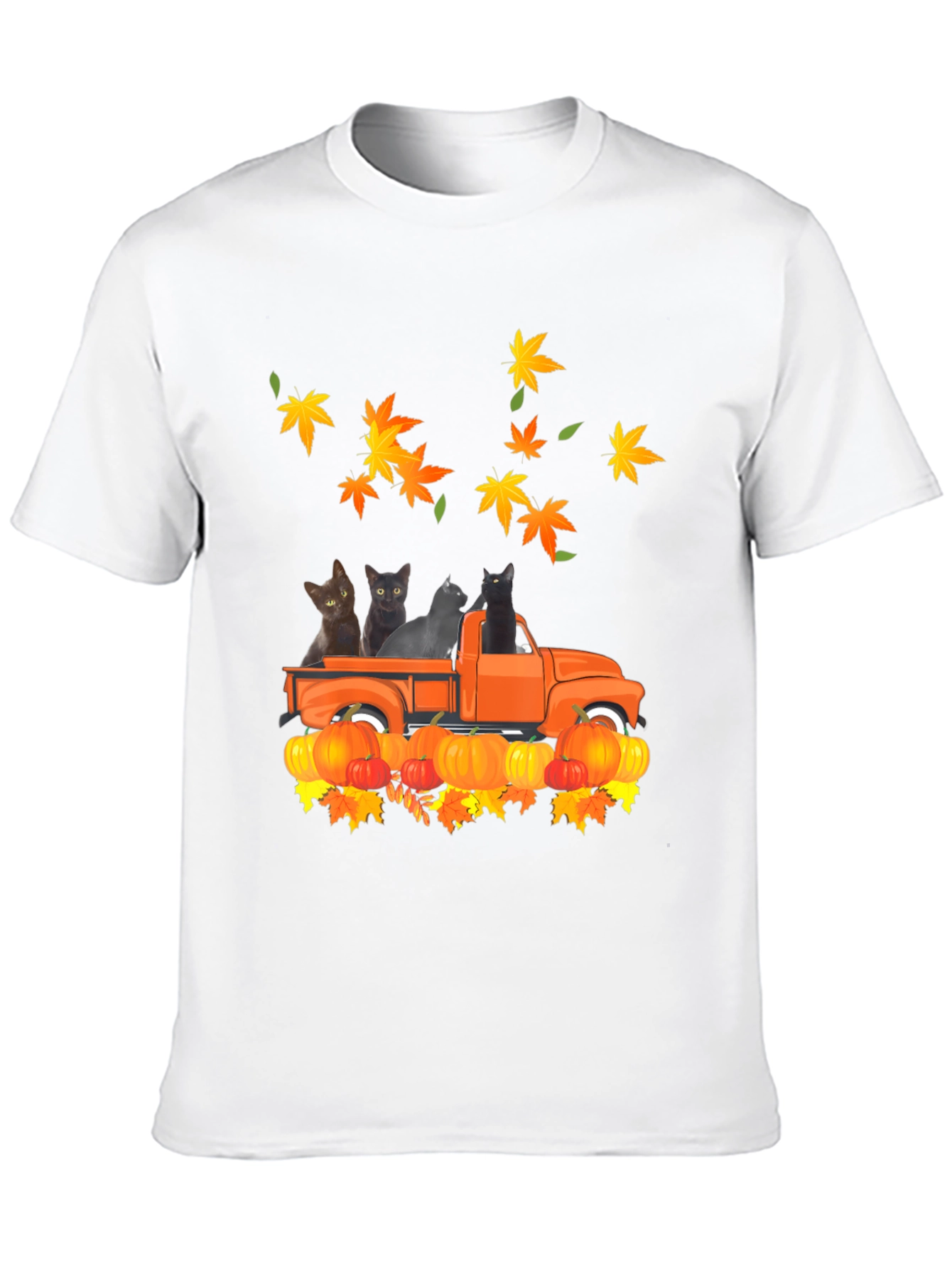 Cat in Truck T-Shirt - Fall Pumpkin Leaves