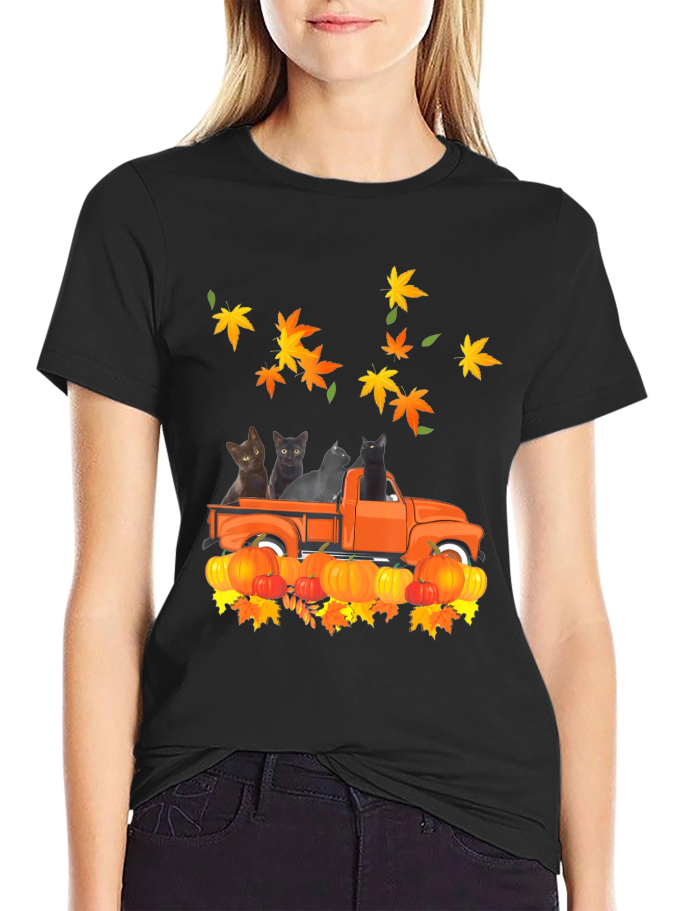 Cat in Truck T-Shirt - Fall Pumpkin Leaves