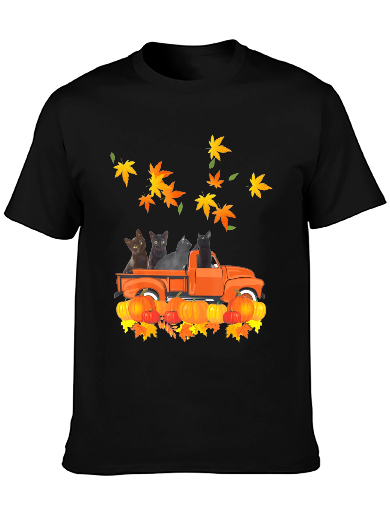 Cat in Truck T-Shirt - Fall Pumpkin Leaves