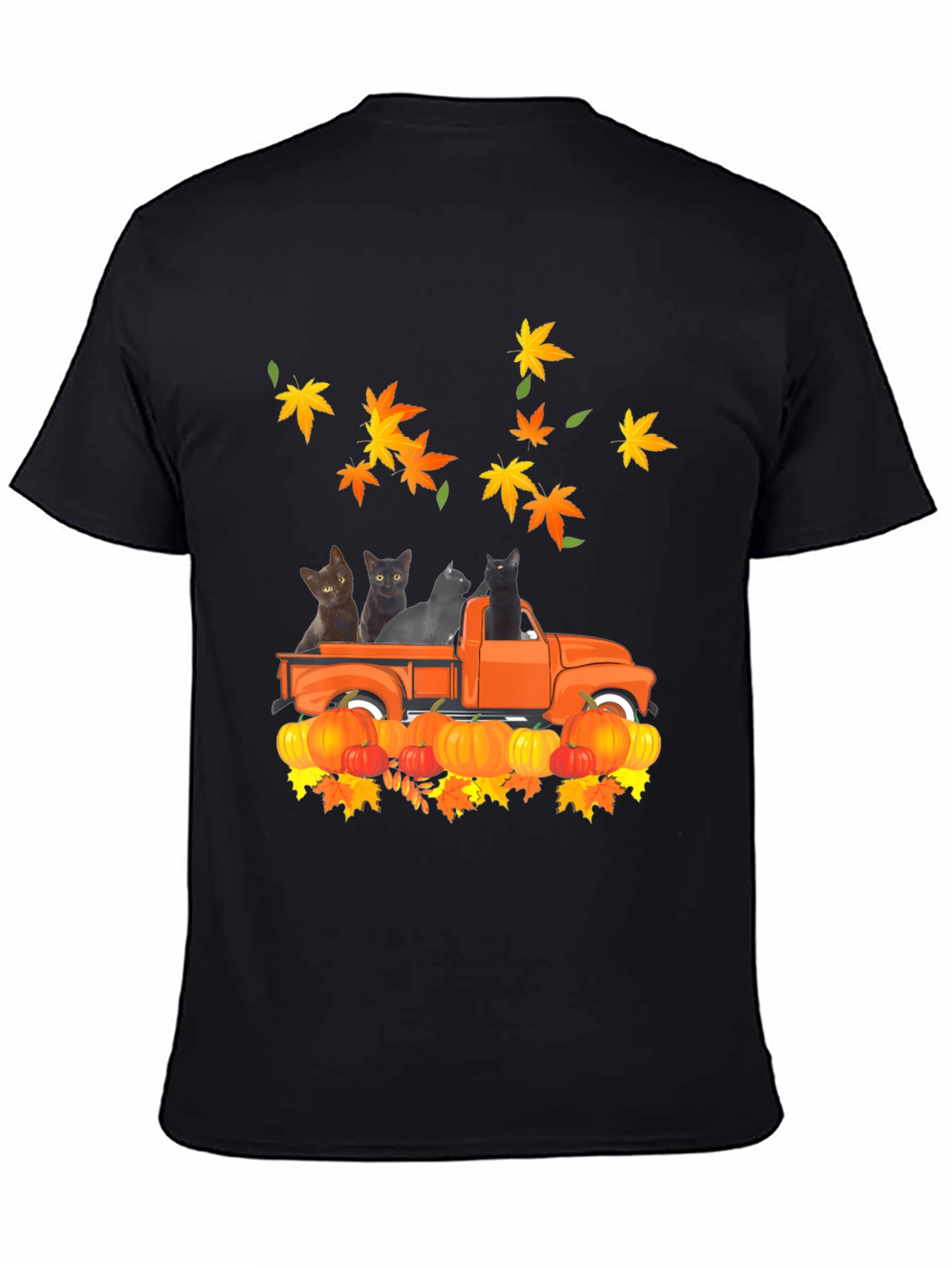 Cat in Truck T-Shirt - Fall Pumpkin Leaves