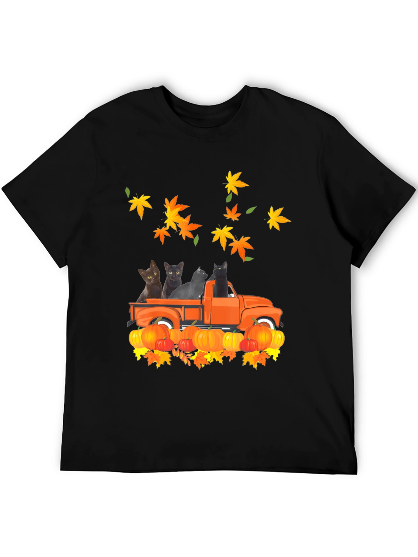 Cat in Truck T-Shirt - Fall Pumpkin Leaves