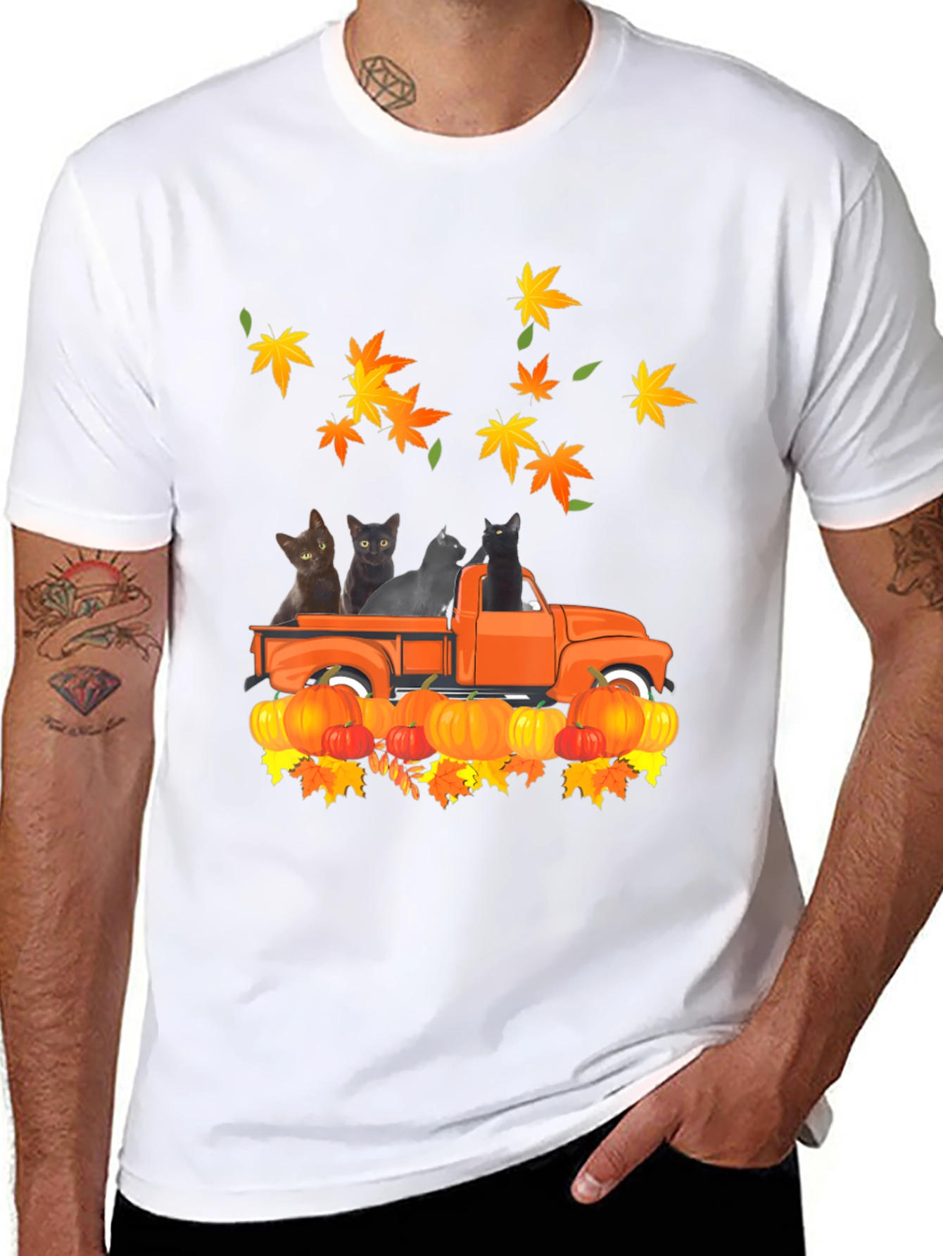 Cat in Truck T-Shirt - Fall Pumpkin Leaves
