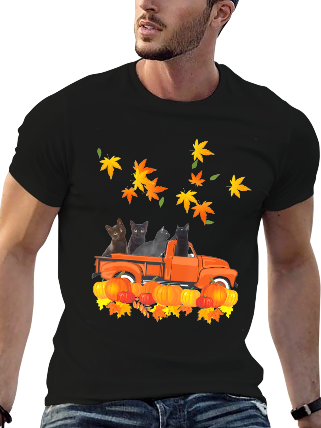 Cat in Truck T-Shirt - Fall Pumpkin Leaves