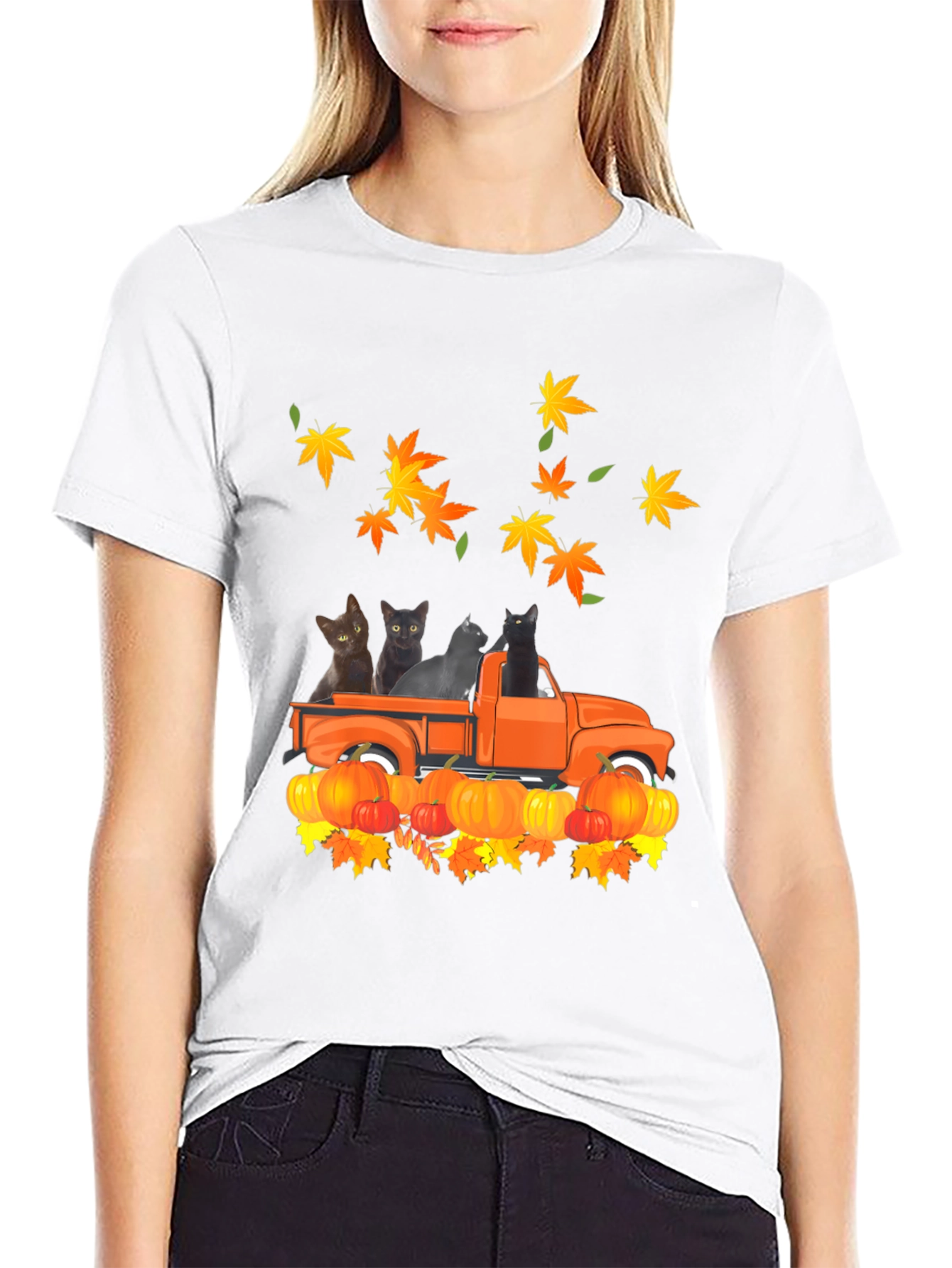 Cat in Truck T-Shirt - Fall Pumpkin Leaves