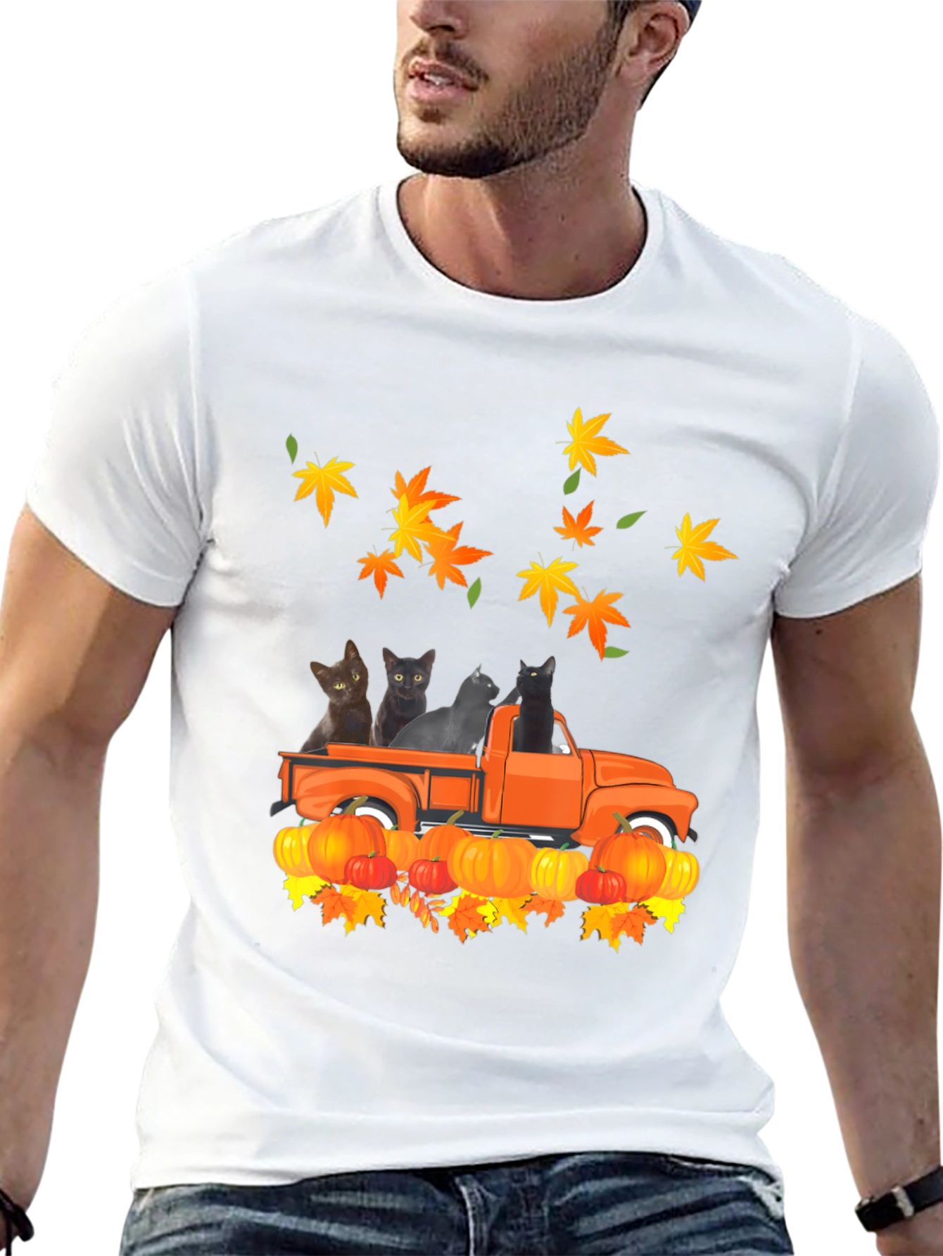 Cat in Truck T-Shirt - Fall Pumpkin Leaves