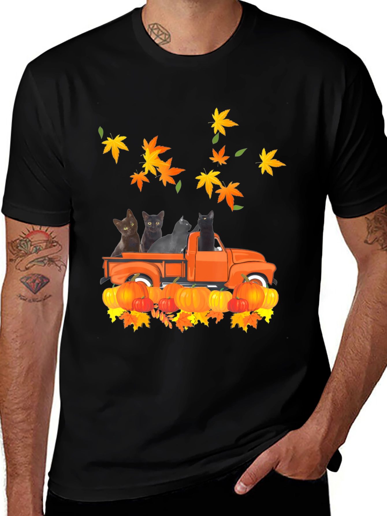 Cat in Truck T-Shirt - Fall Pumpkin Leaves