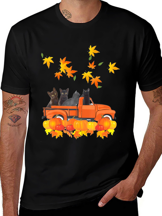 Cat in Truck T-Shirt - Fall Pumpkin Leaves