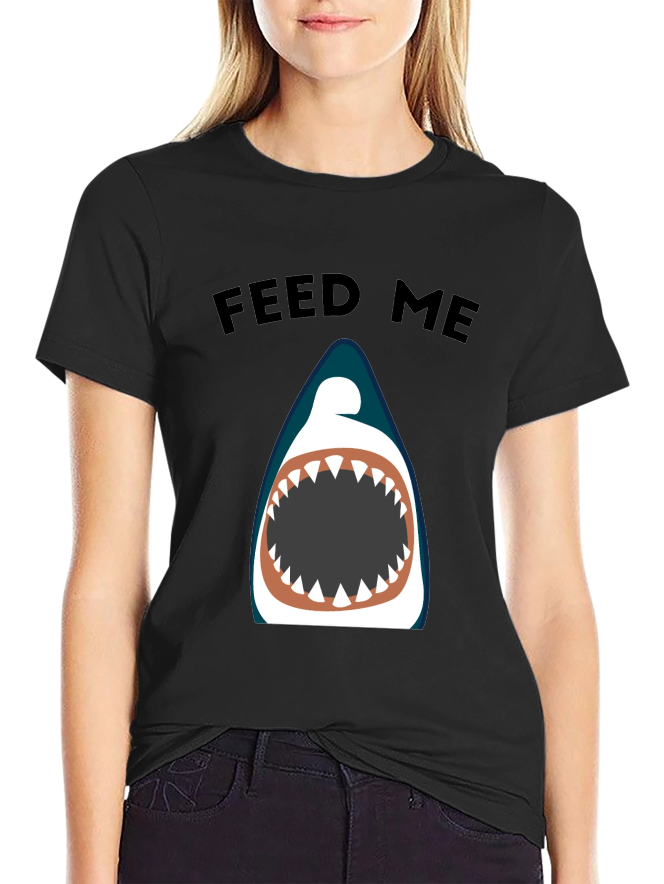 Feed Me Shark Graphic Black T-Shirt