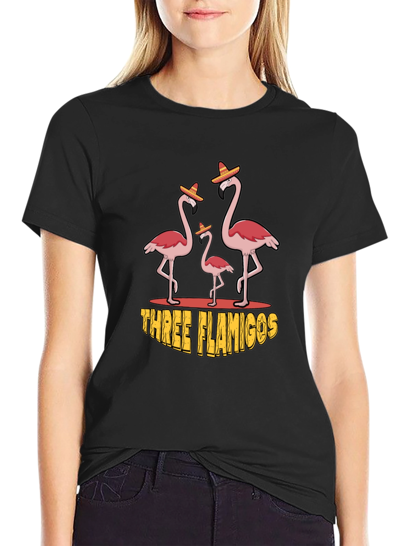 Three Flamingos Black Graphic Tee