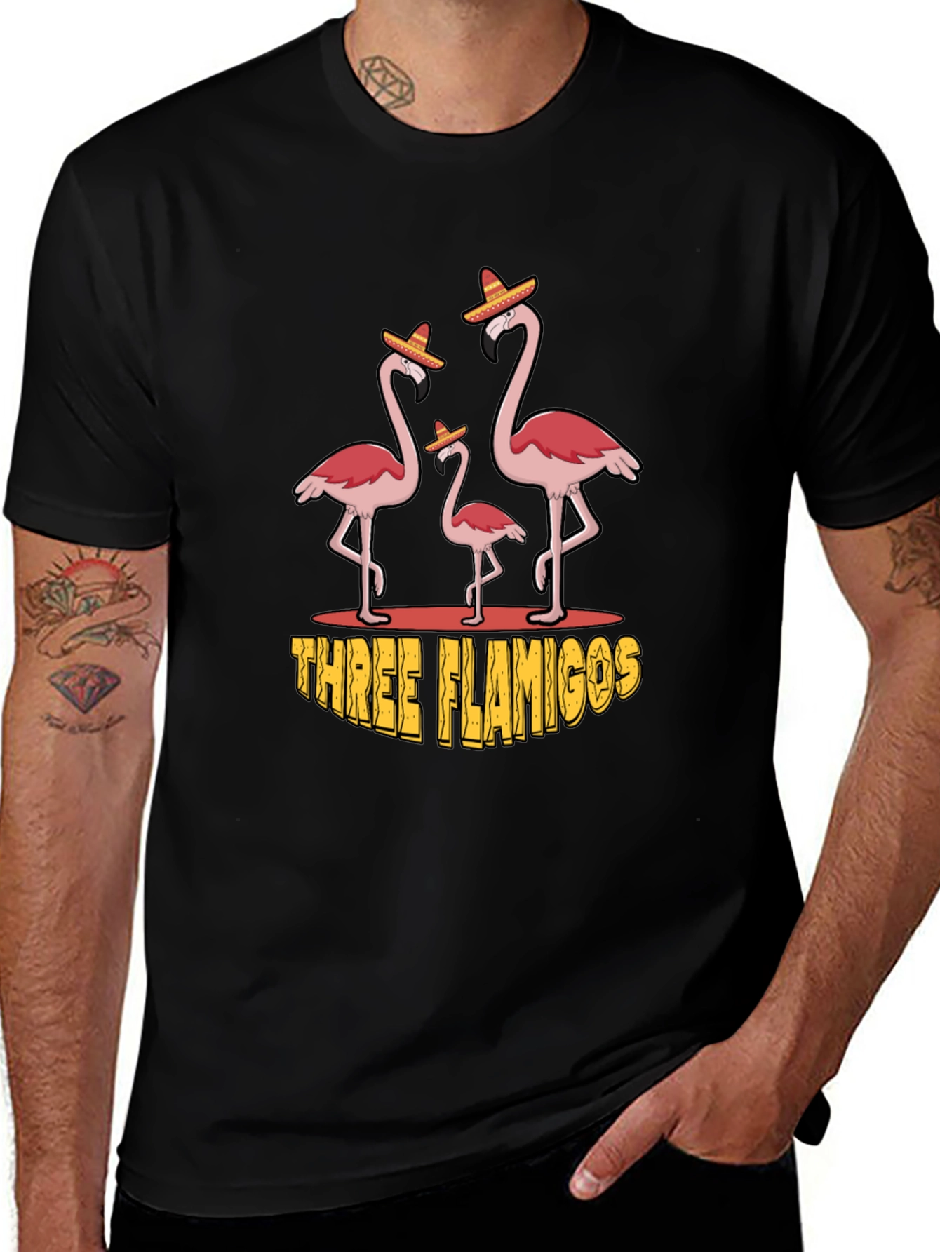 Three Flamingos Black Graphic Tee