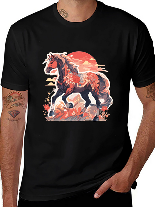 Floral Horse Graphic Tee - Mens Black T-Shirt