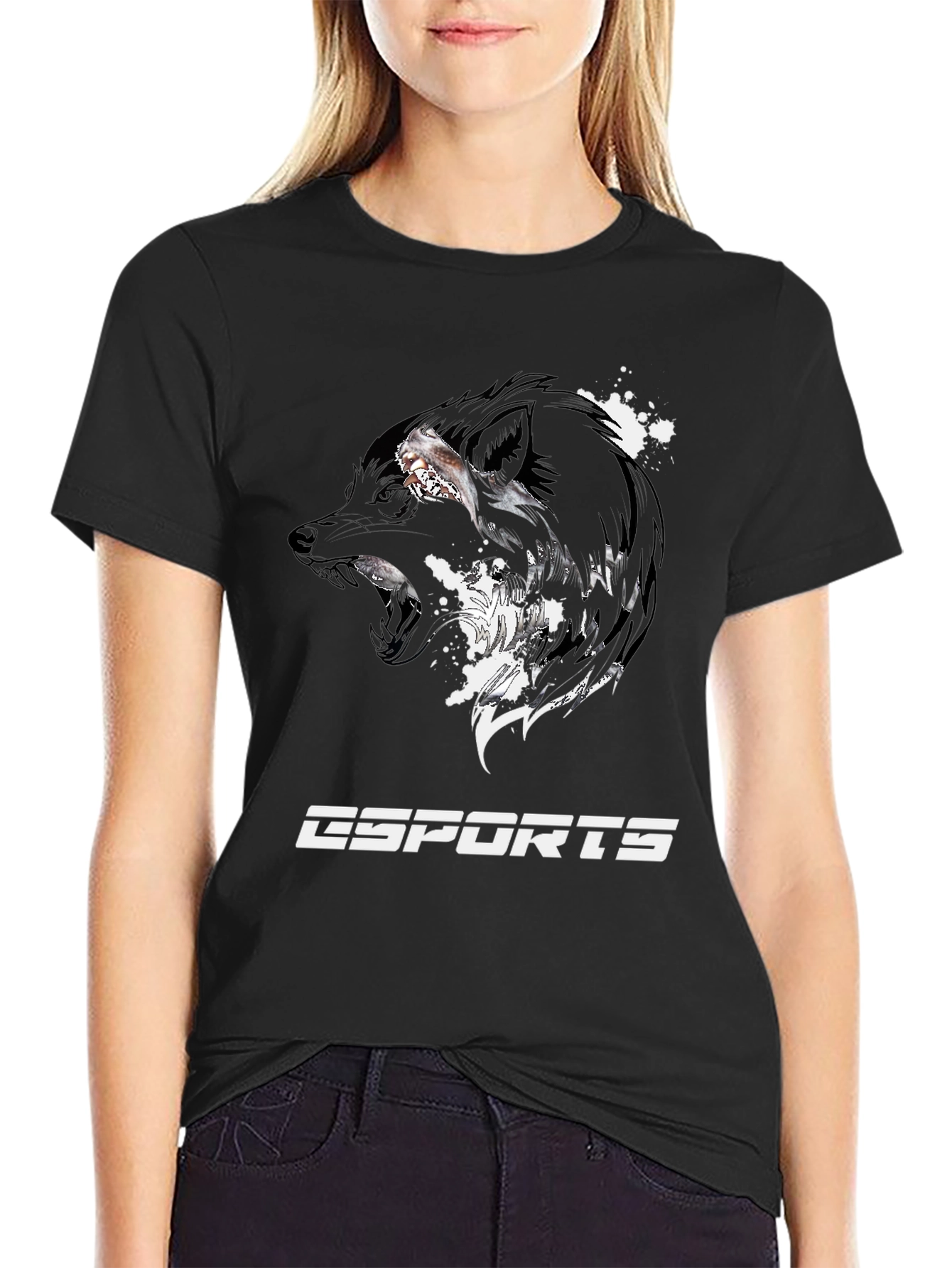 Esports Wolf Graphic Tee - Black Cotton T-Shirt