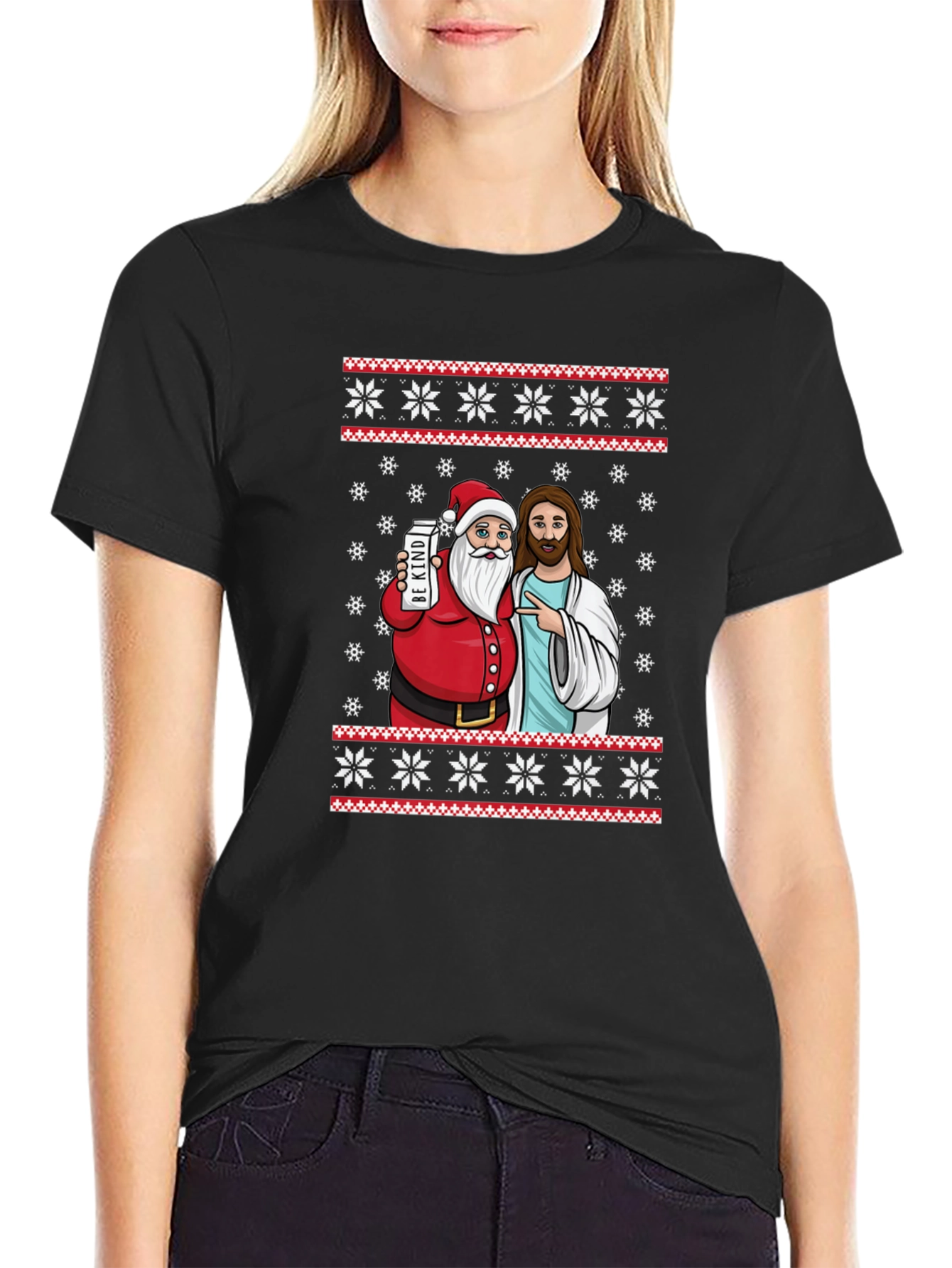 Funny Santa & Jesus Christmas Graphic T-Shirt