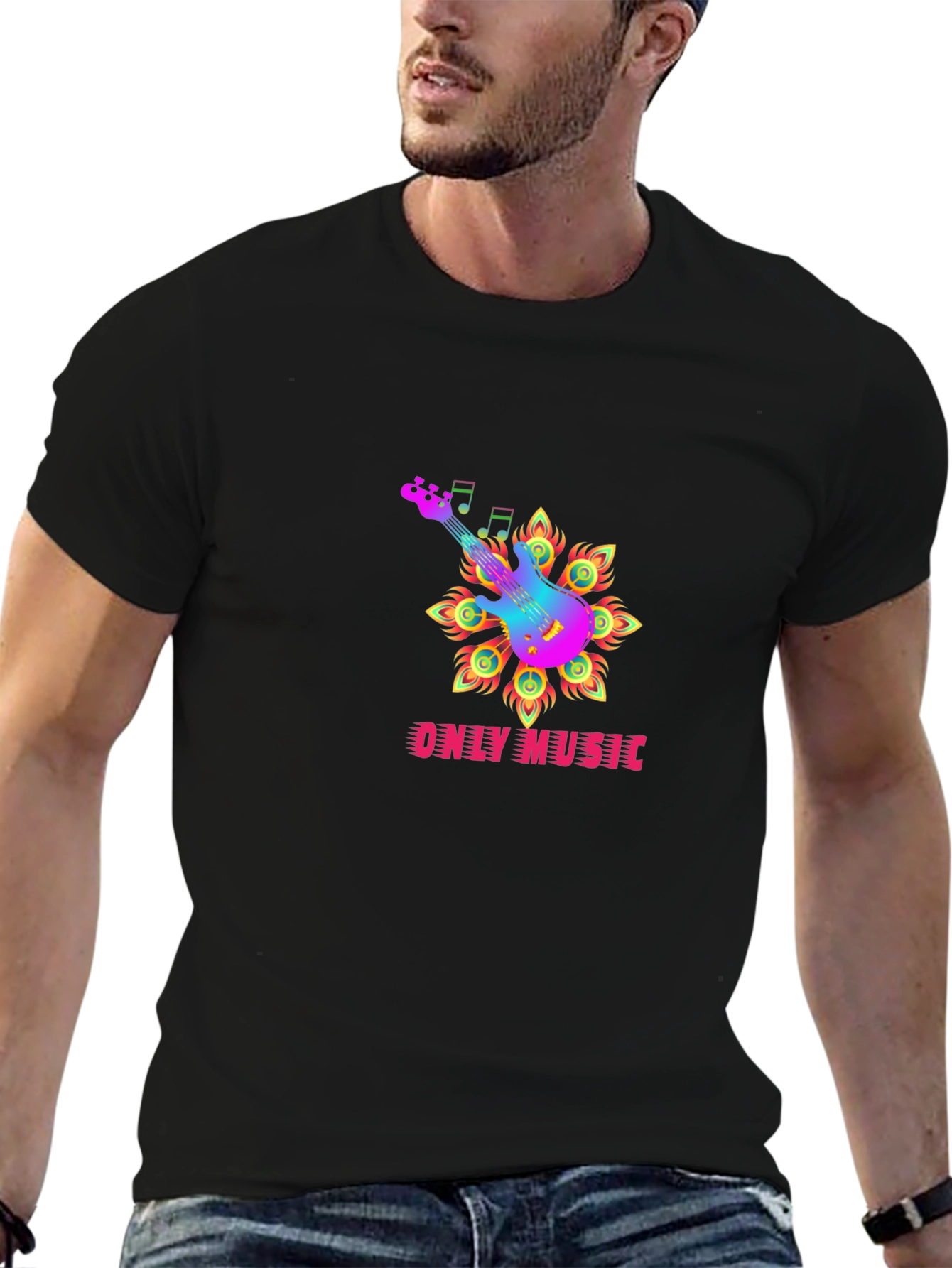 Only Music Black Graphic Tee - Guitar Design