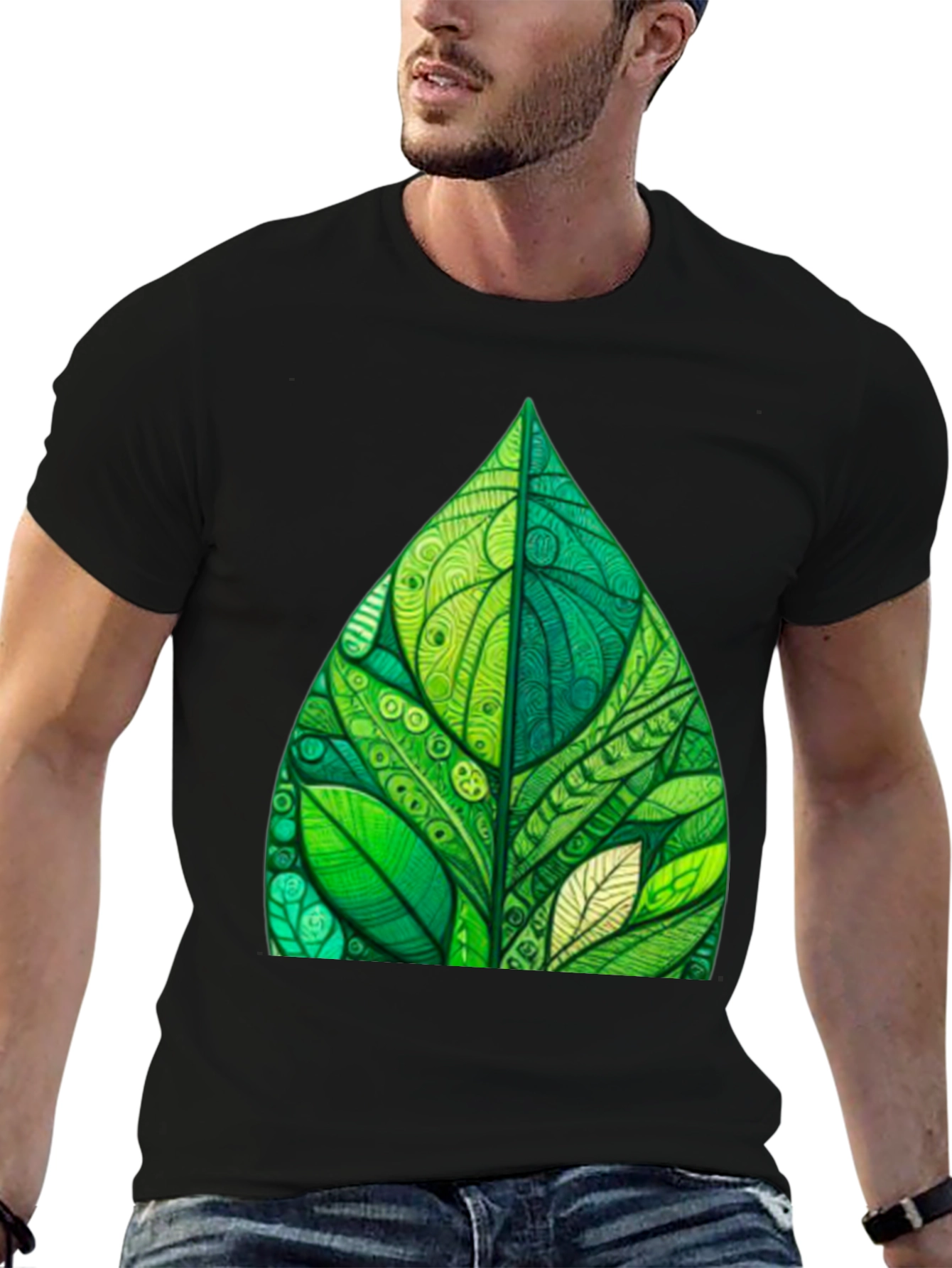 Green Leaf Art Black T-Shirt