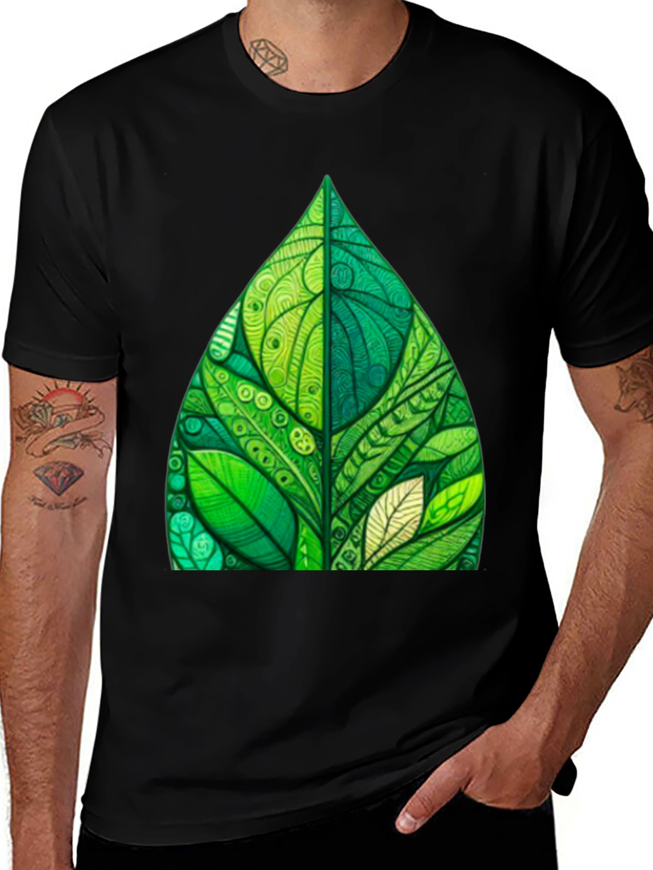Green Leaf Art Black T-Shirt