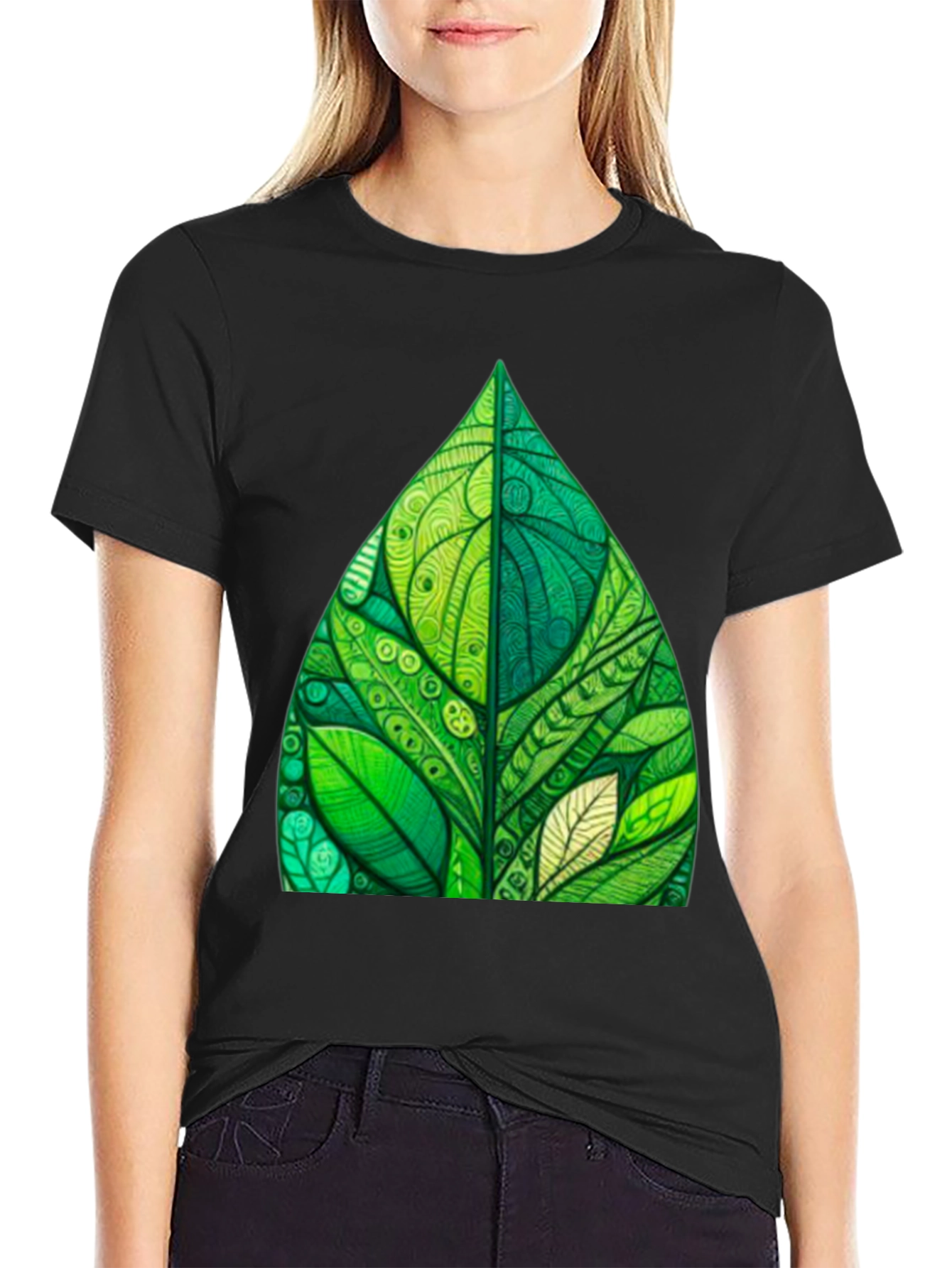 Green Leaf Art Black T-Shirt