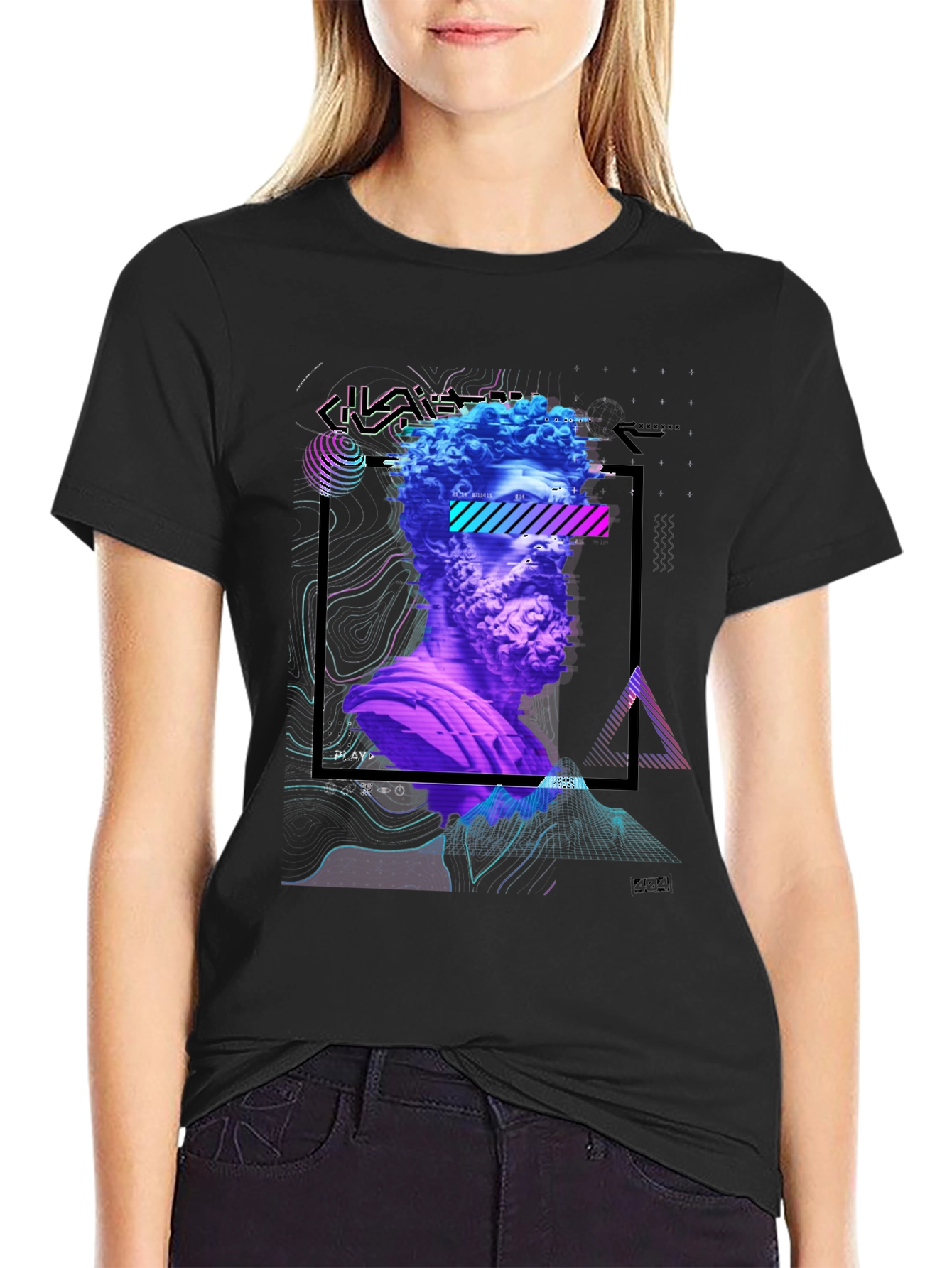 Statue Head Glitch Art Graphic Tee
