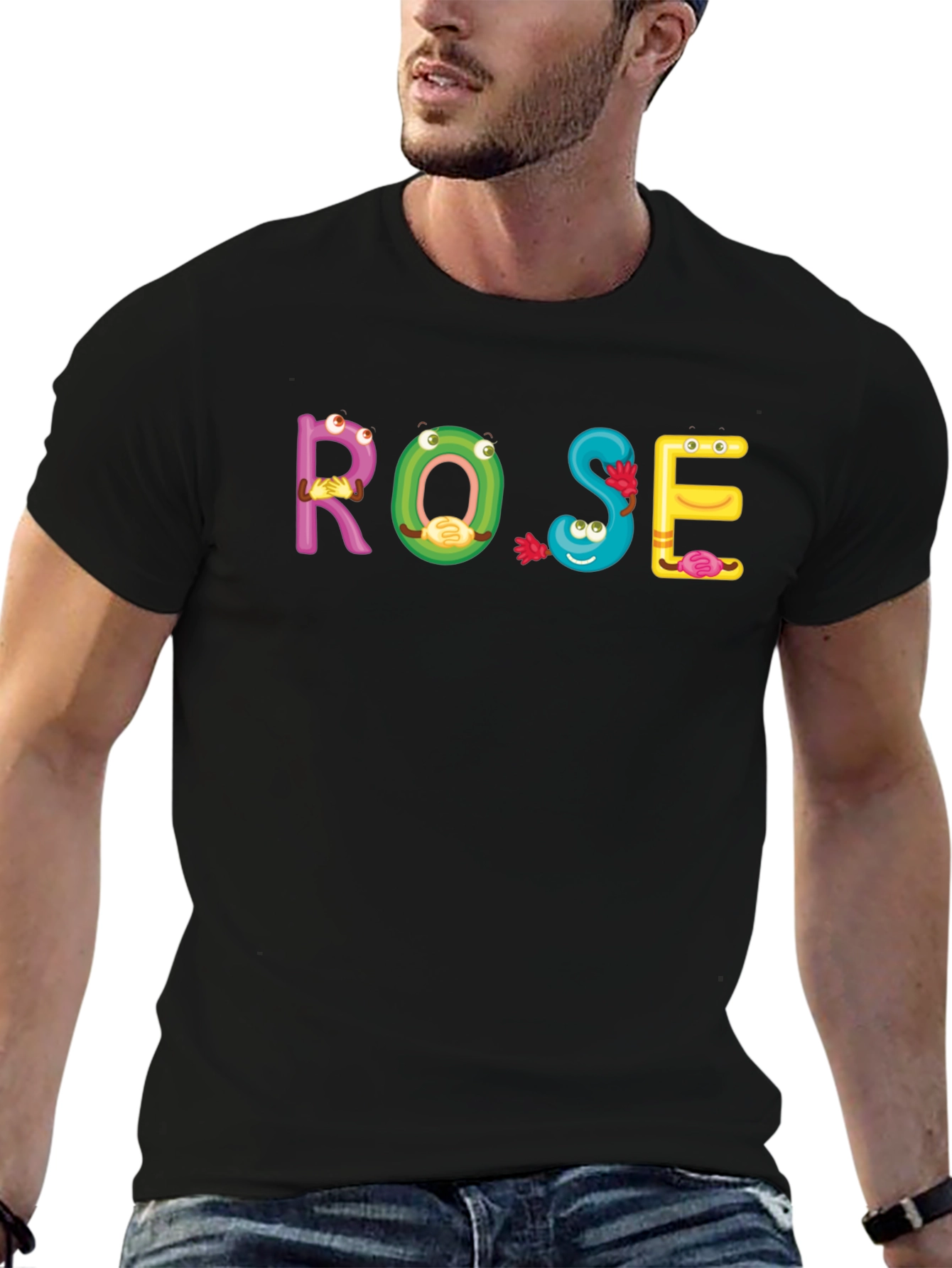 ROSE Cartoon Letter Black T-Shirt
