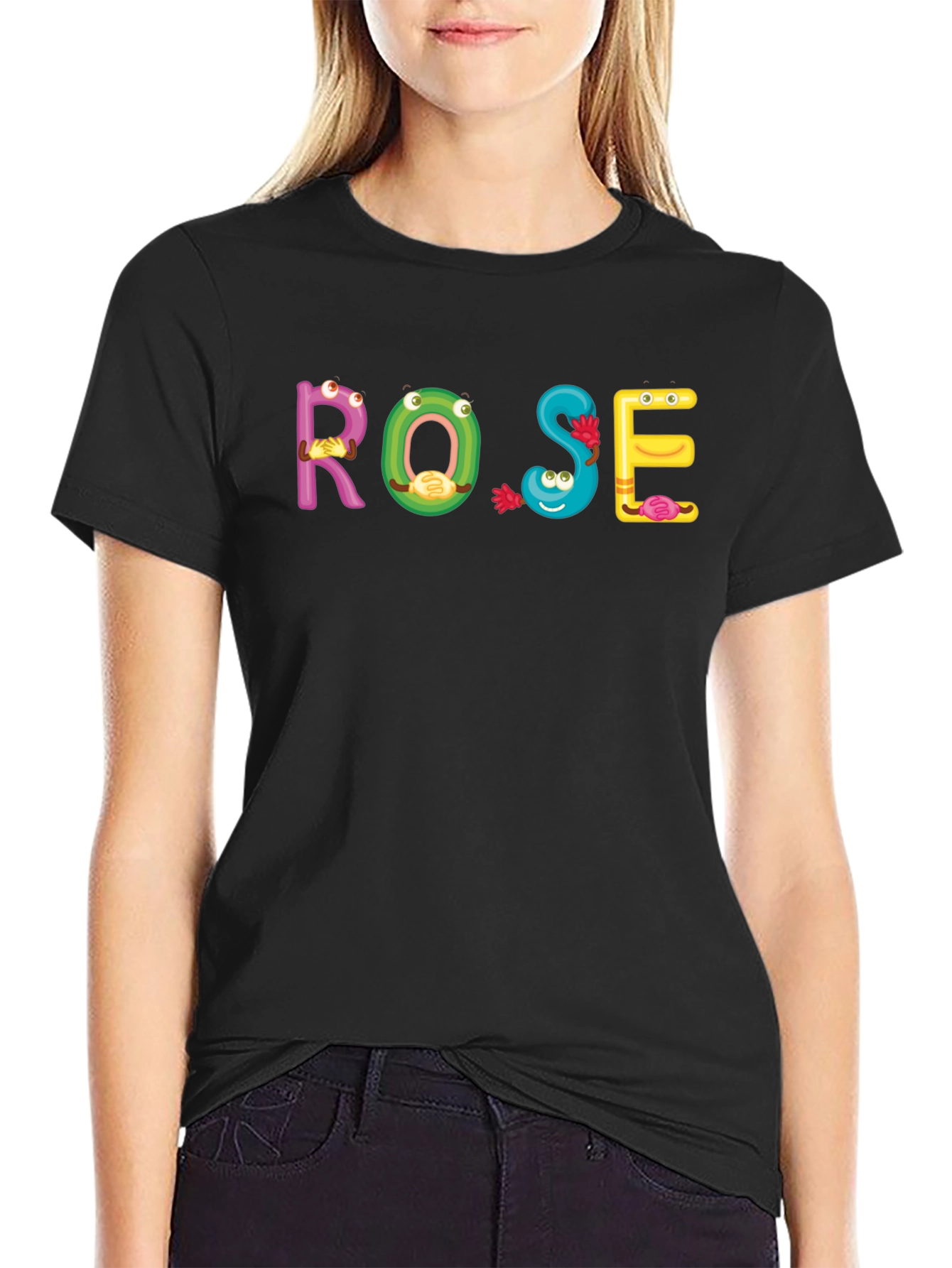ROSE Cartoon Letter Black T-Shirt