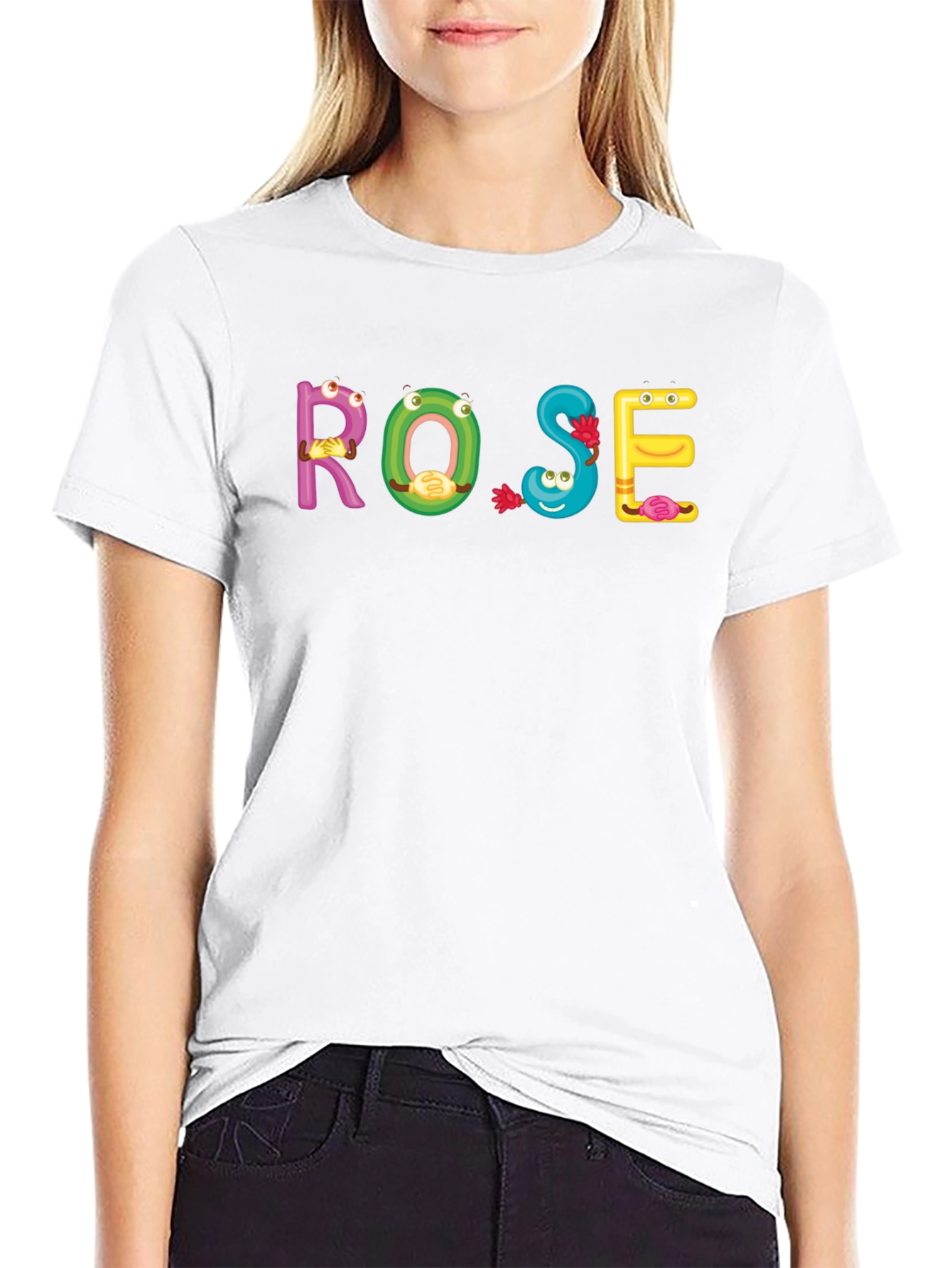 ROSE Cartoon Letter Black T-Shirt