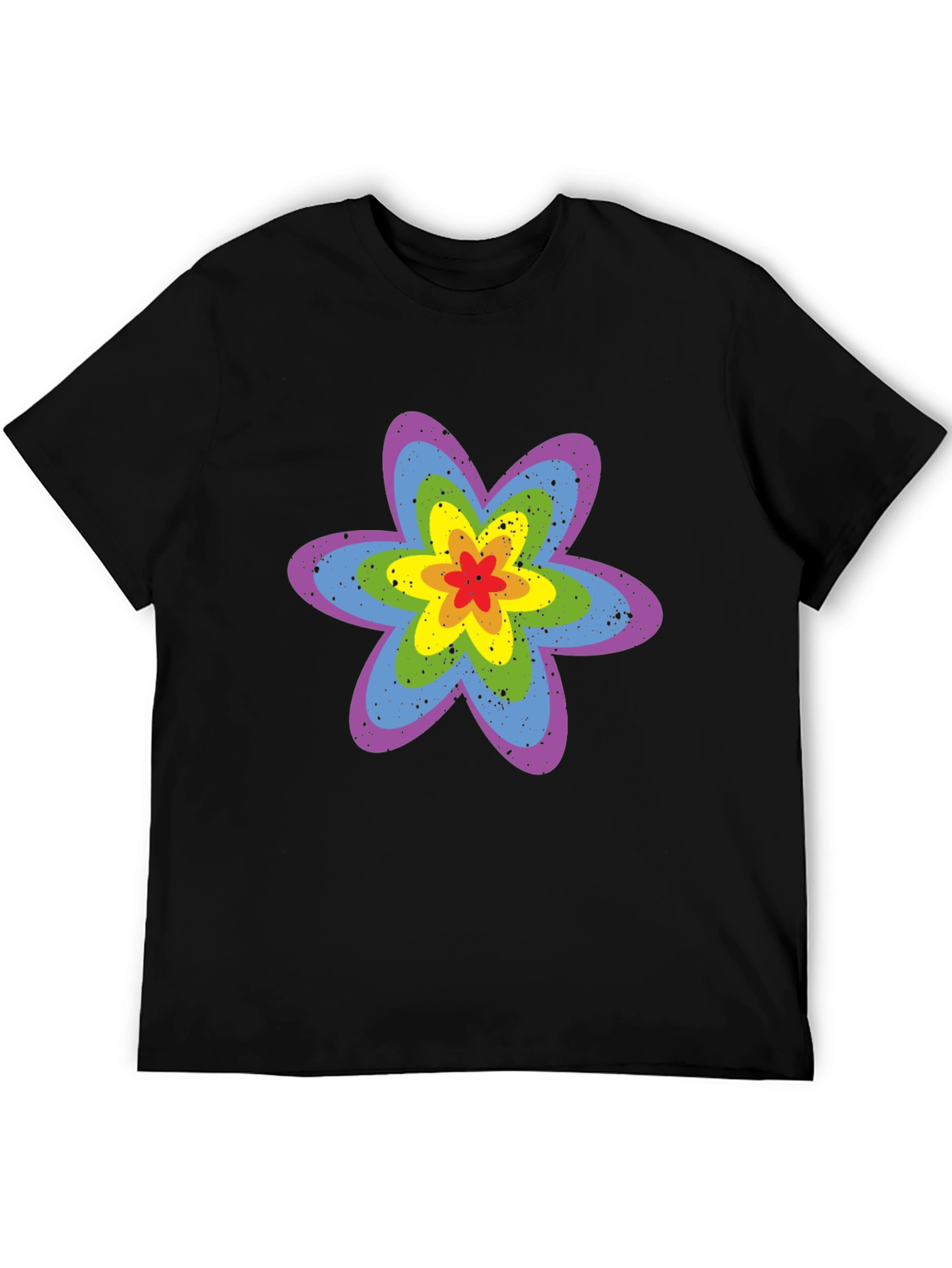 Rainbow Flower Graphic Tee - Black Cotton T-Shirt