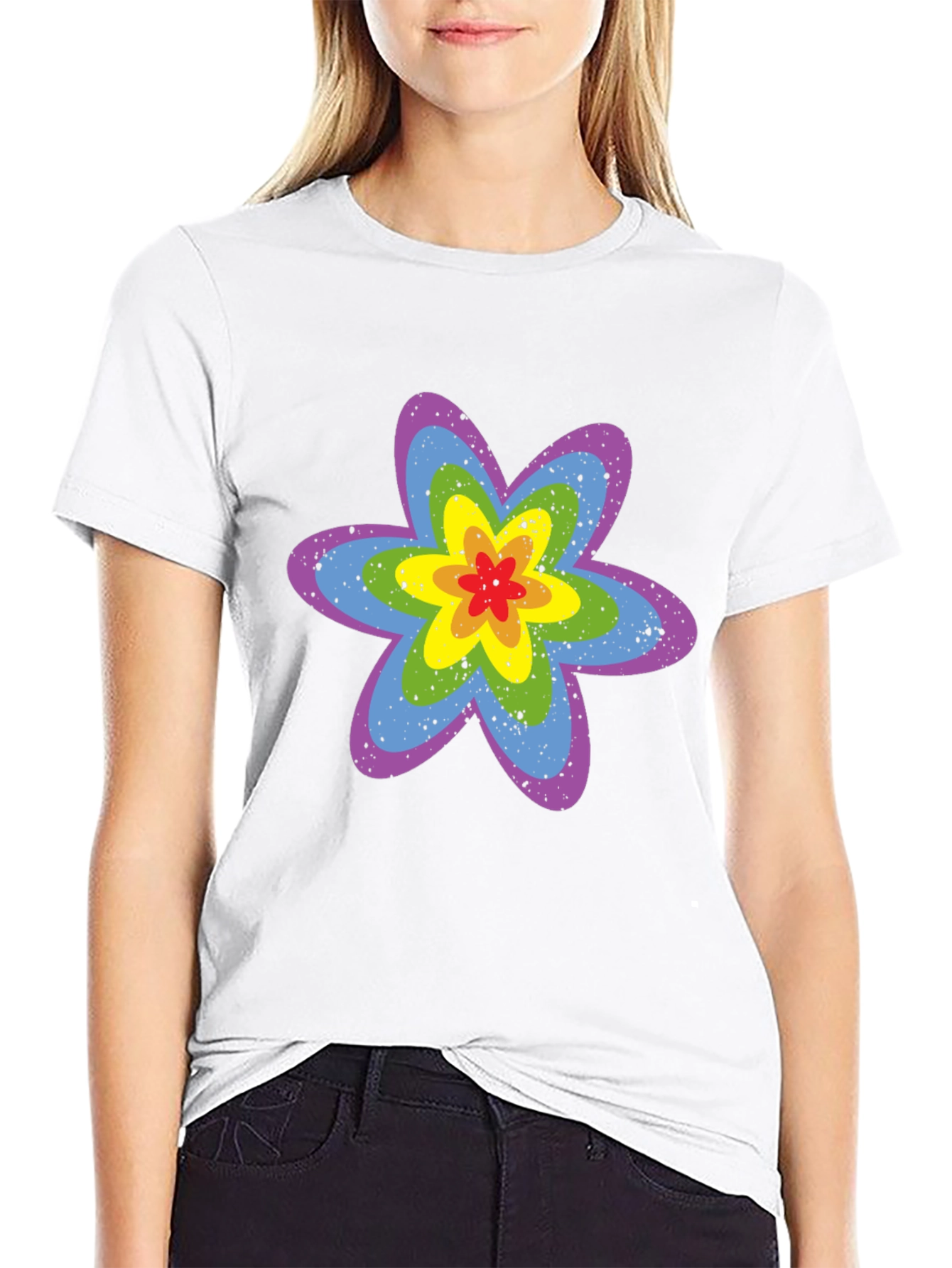 Rainbow Flower Graphic Tee - Black Cotton T-Shirt