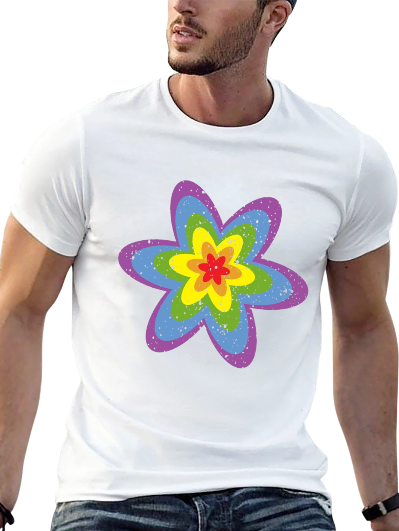 Rainbow Flower Graphic Tee - Black Cotton T-Shirt