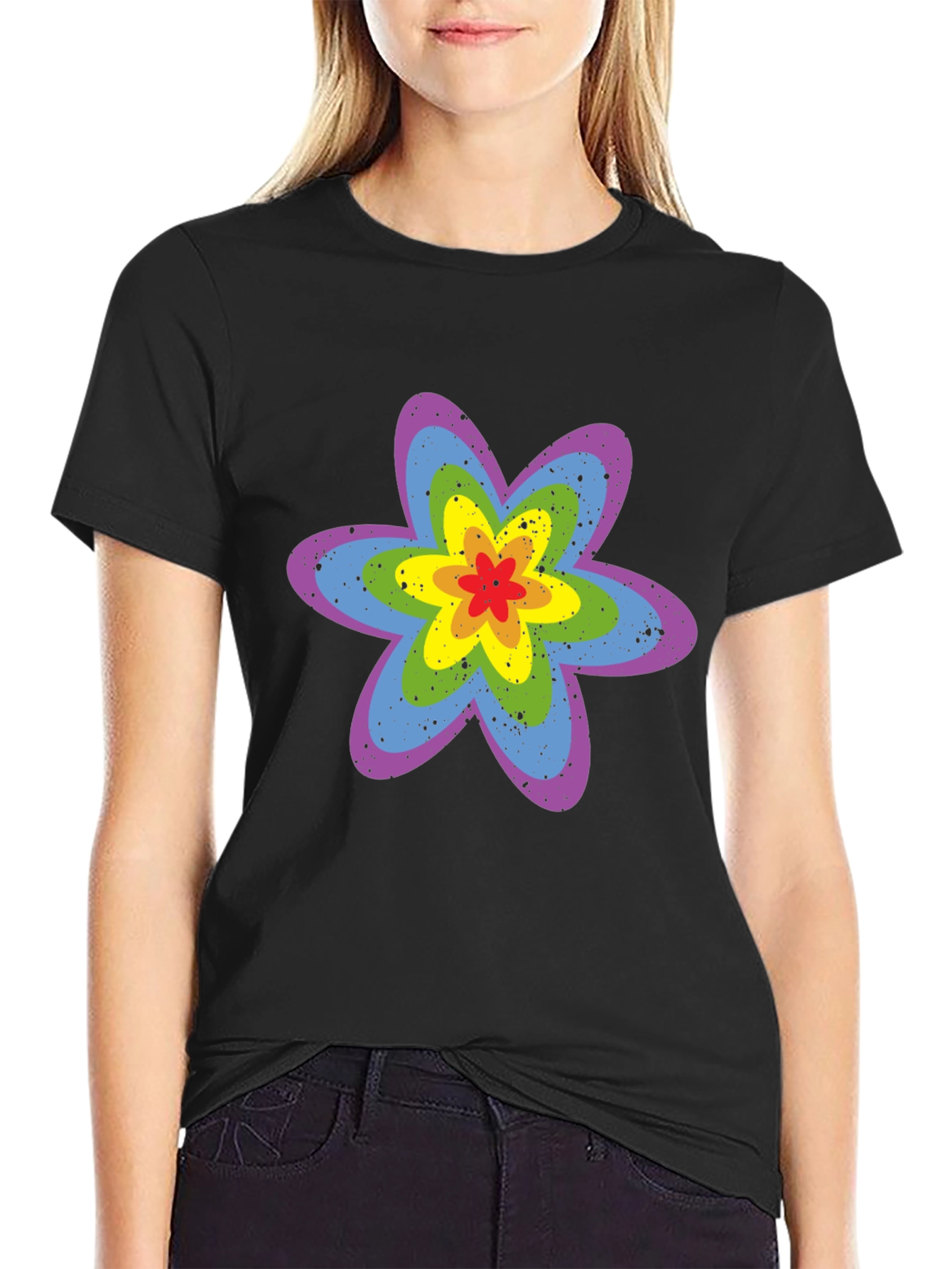 Rainbow Flower Graphic Tee - Black Cotton T-Shirt