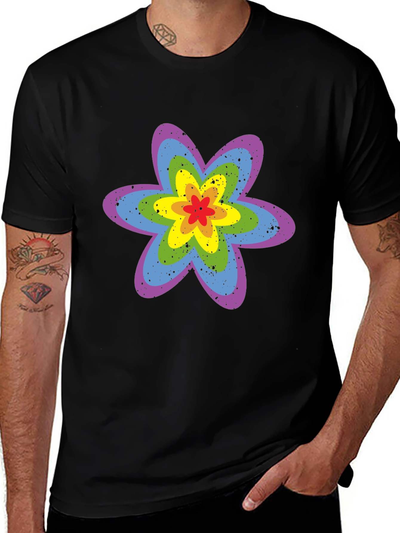 Rainbow Flower Graphic Tee - Black Cotton T-Shirt