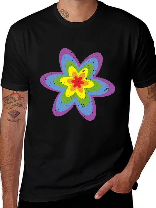 Rainbow Flower Graphic Tee - Black Cotton T-Shirt