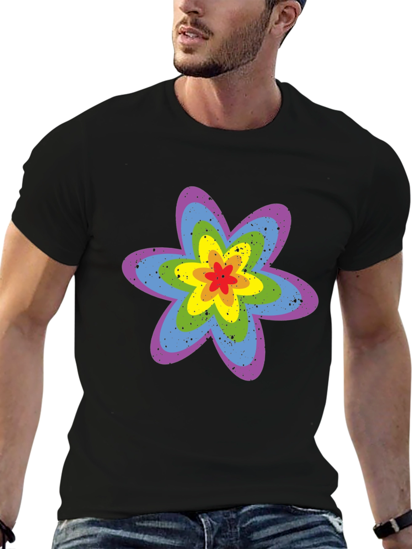 Rainbow Flower Graphic Tee - Black Cotton T-Shirt