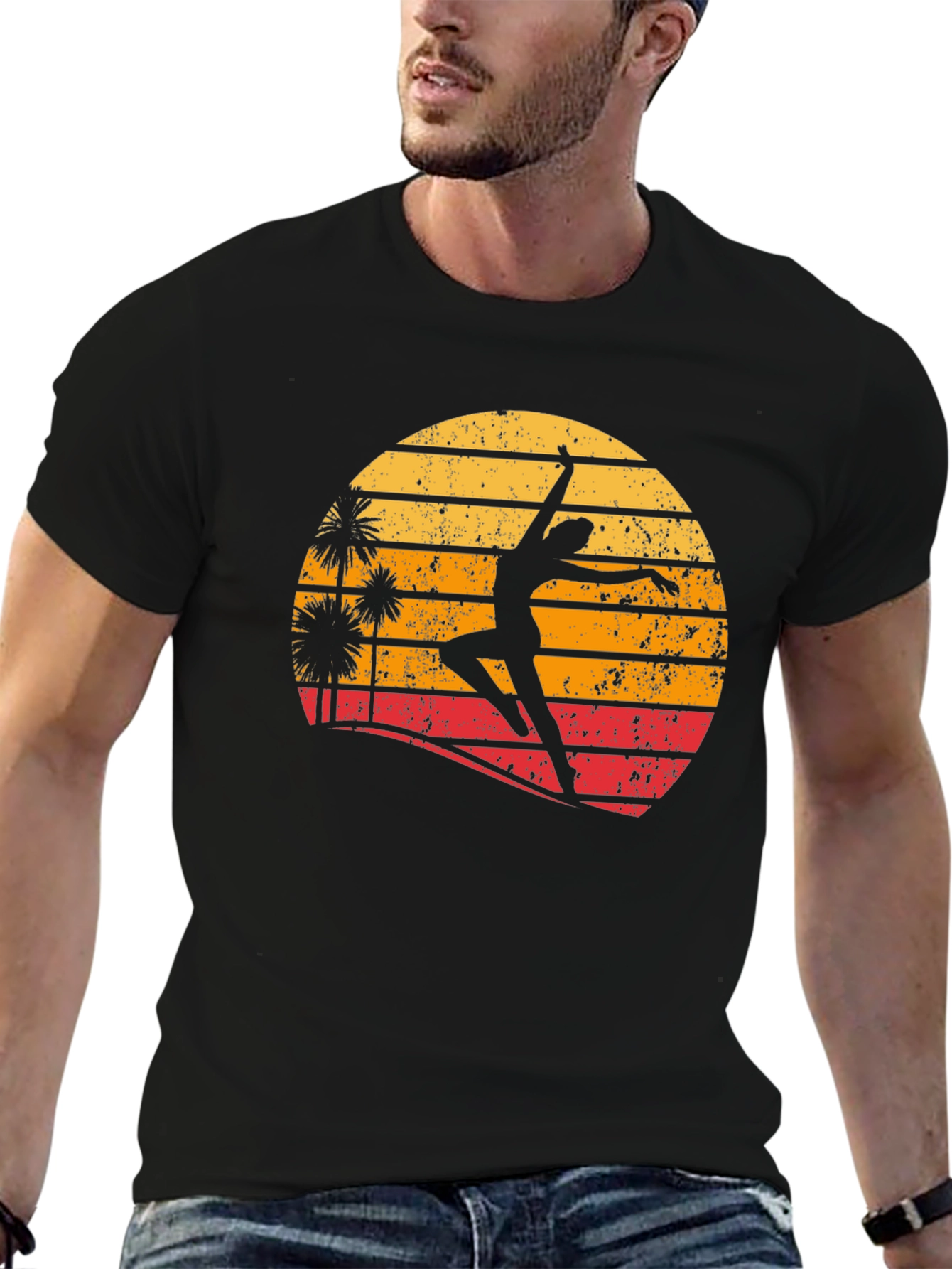 Retro Sunset Dancer Graphic Tee - Black