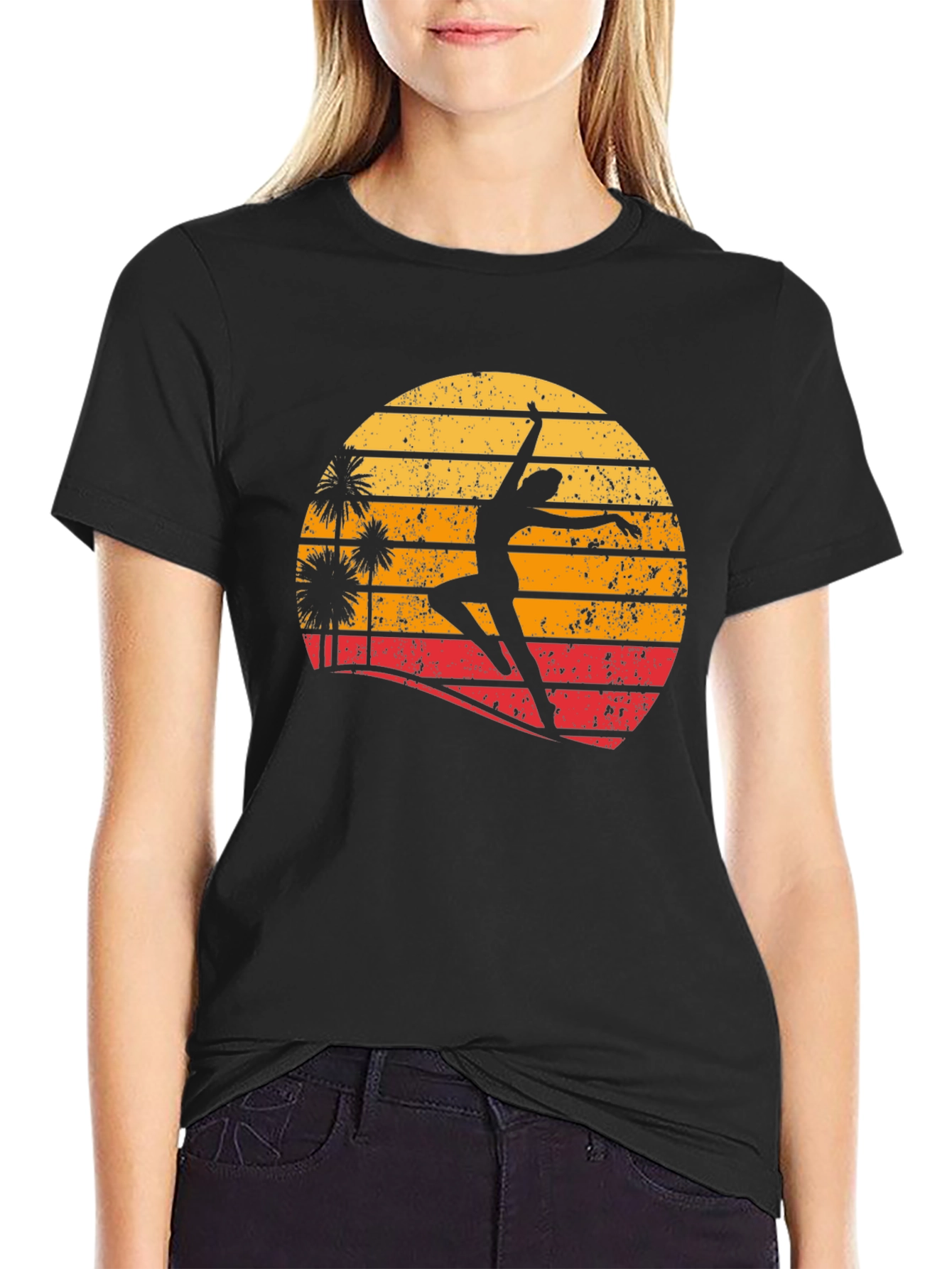 Retro Sunset Dancer Graphic Tee - Black