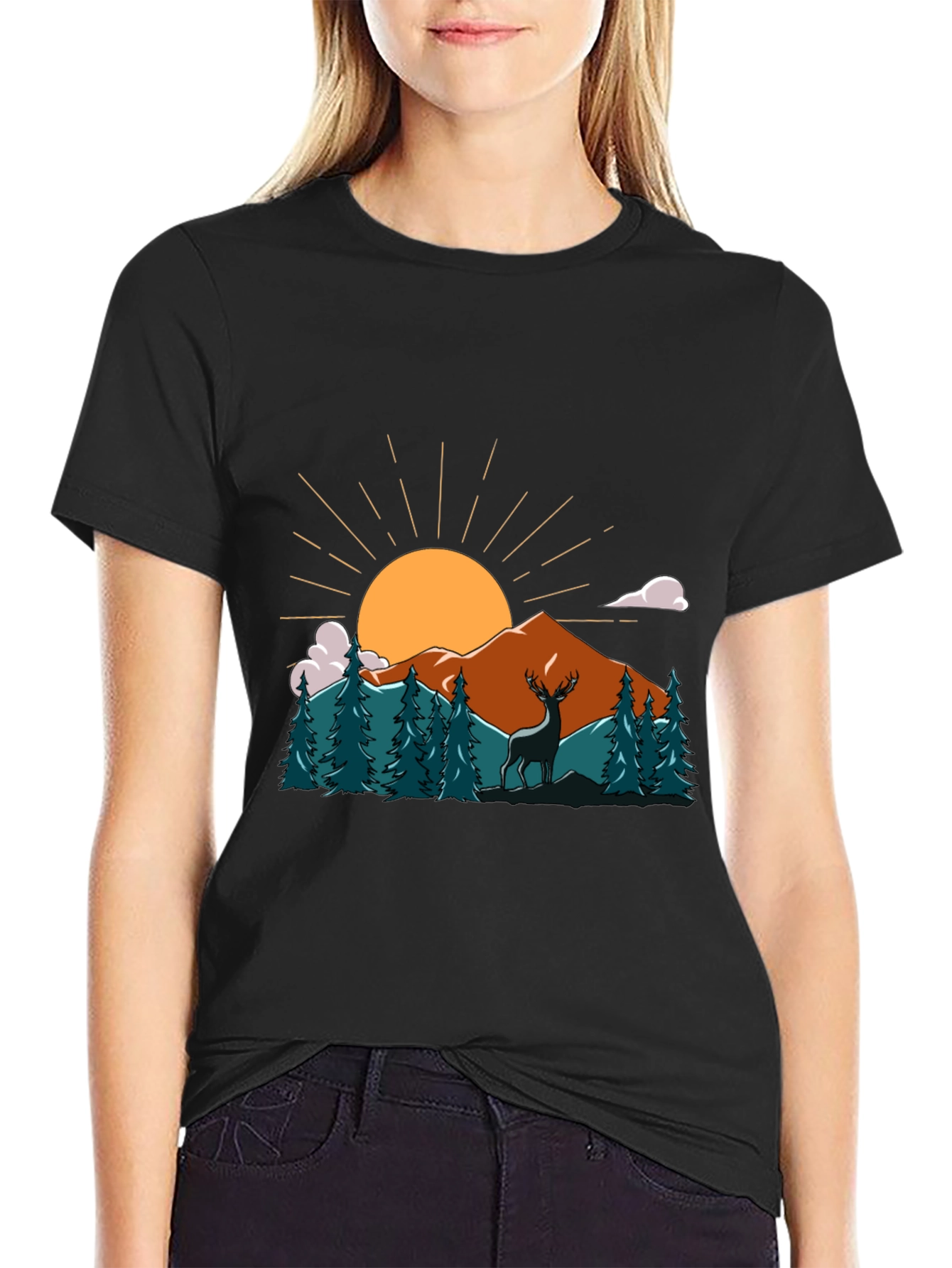 Nature Deer Graphic Tee - Soft Cotton Black T-Shirt