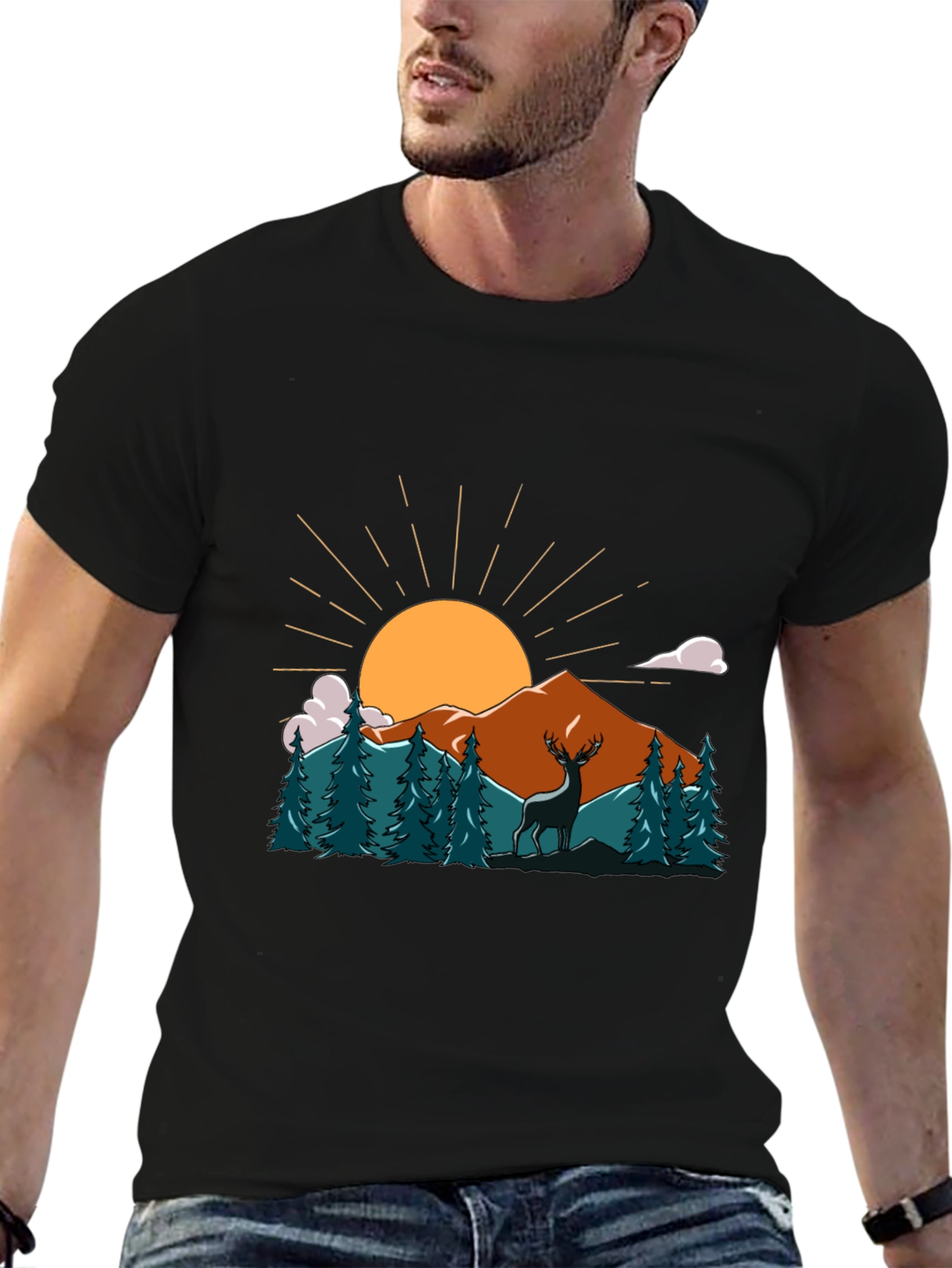 Nature Deer Graphic Tee - Soft Cotton Black T-Shirt
