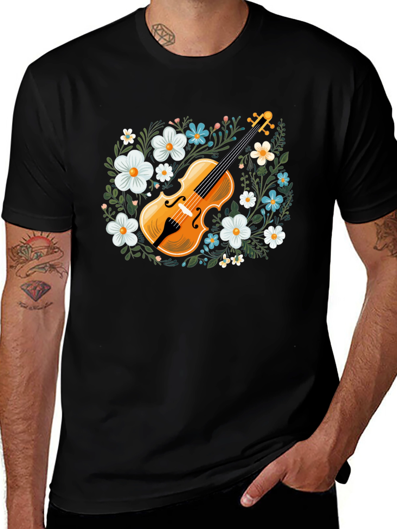Floral Violin Graphic T-Shirt - Musical Style