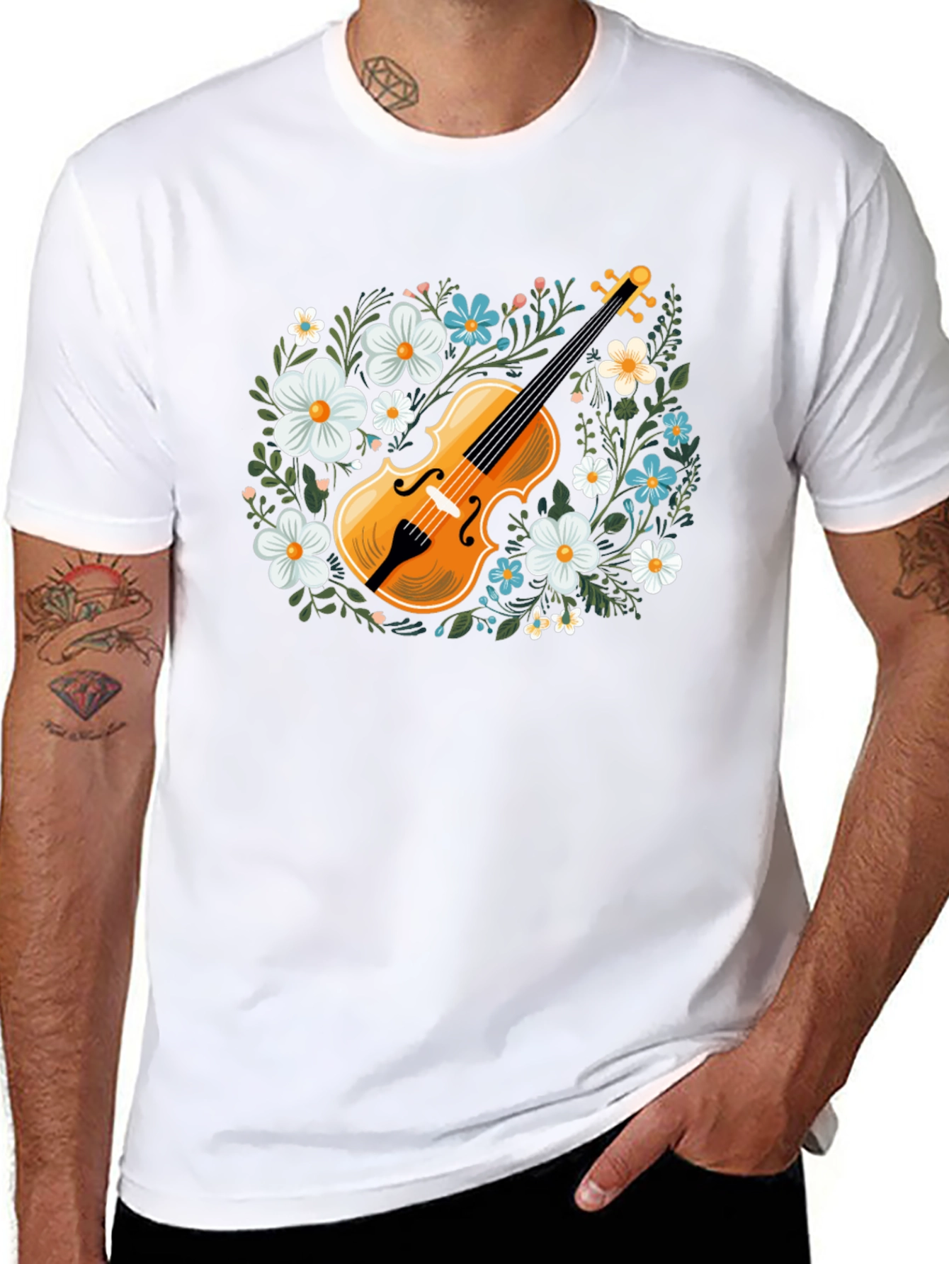 Floral Violin Graphic T-Shirt - Musical Style