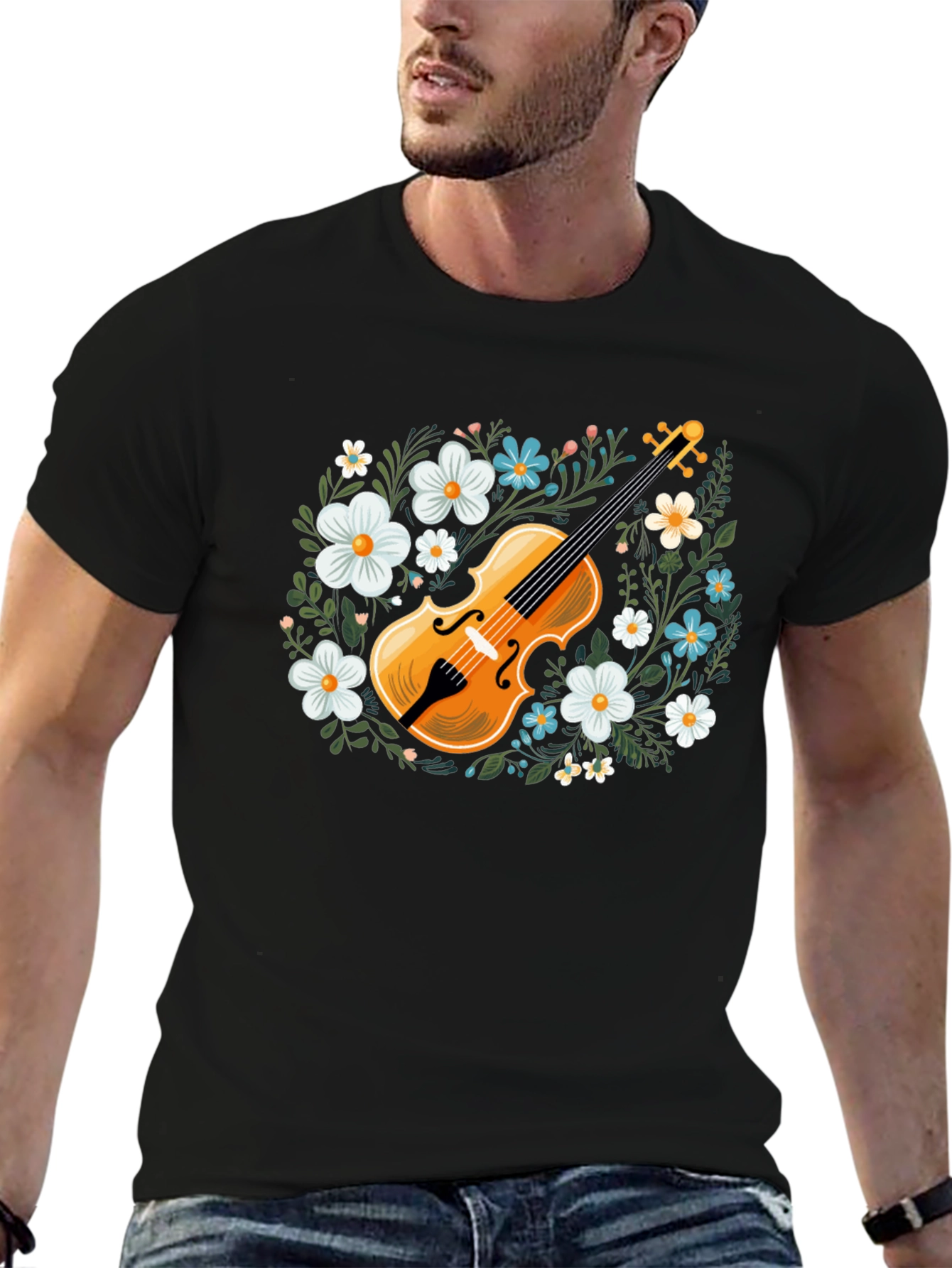 Floral Violin Graphic T-Shirt - Musical Style