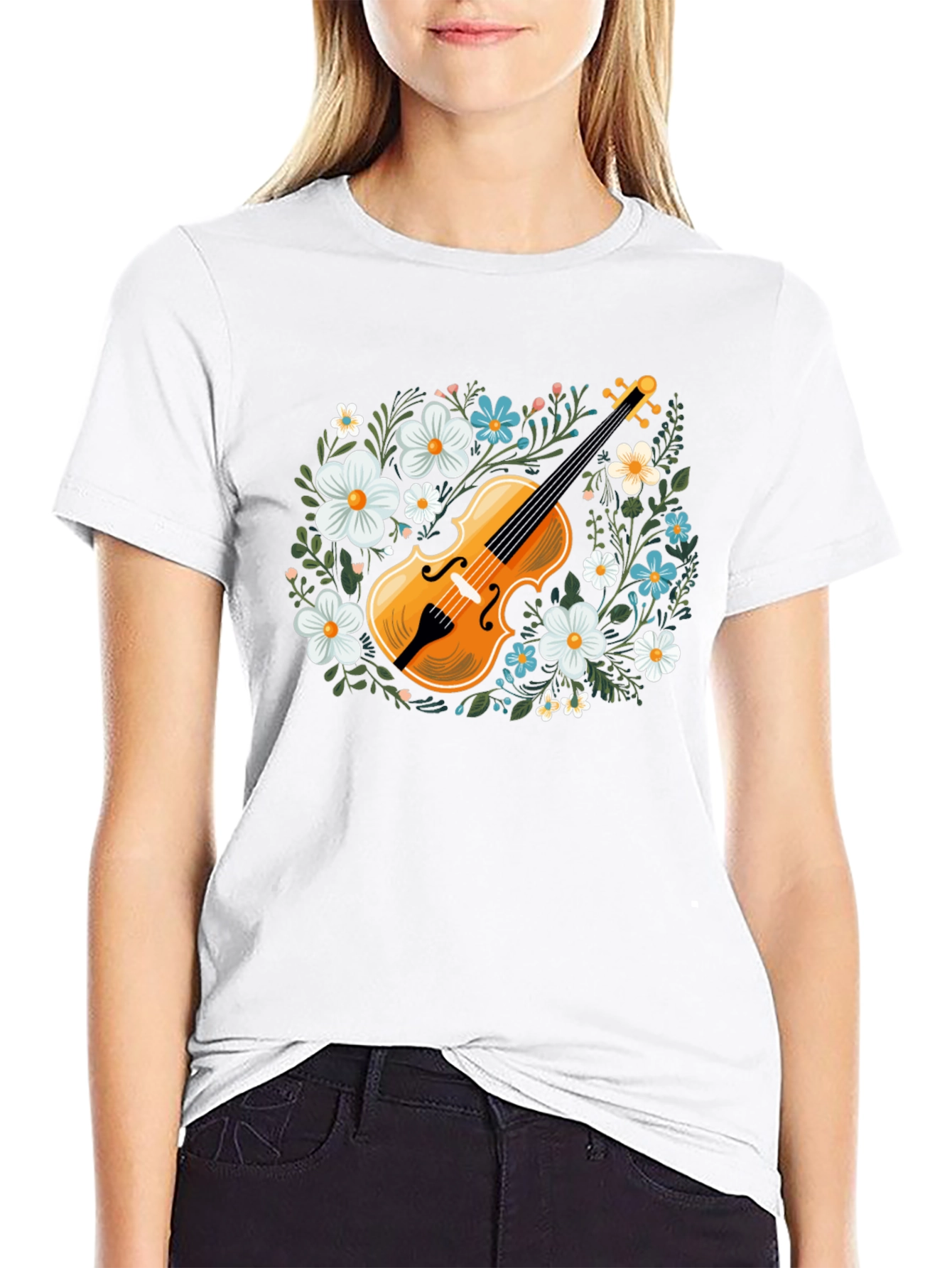 Floral Violin Graphic T-Shirt - Musical Style