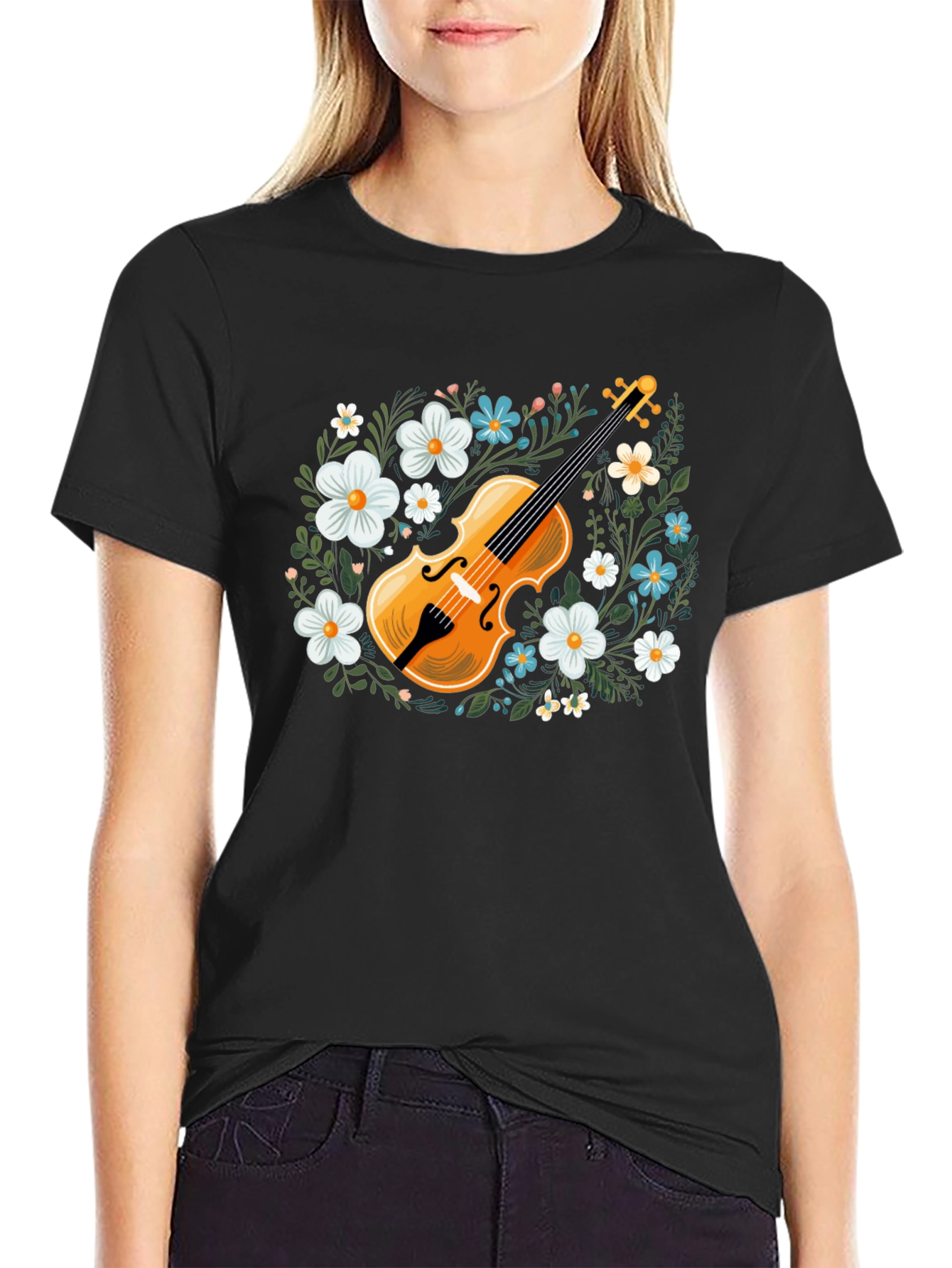 Floral Violin Graphic T-Shirt - Musical Style