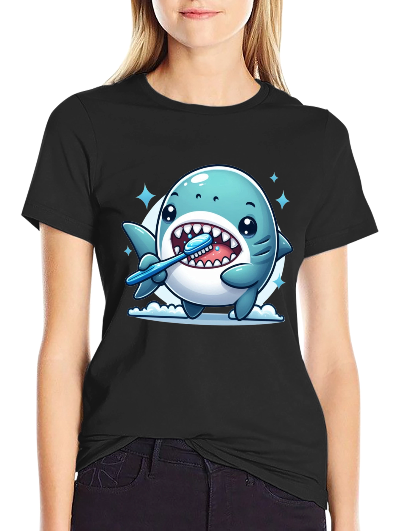 Cute Shark Brushing Teeth Graphic Tee