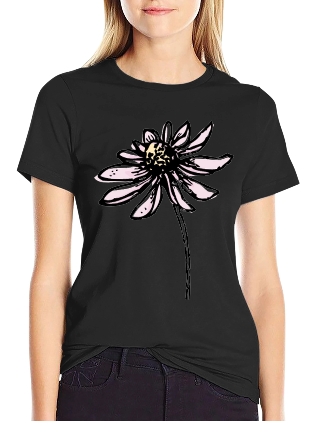 Black T-Shirt with Floral Graphic Print