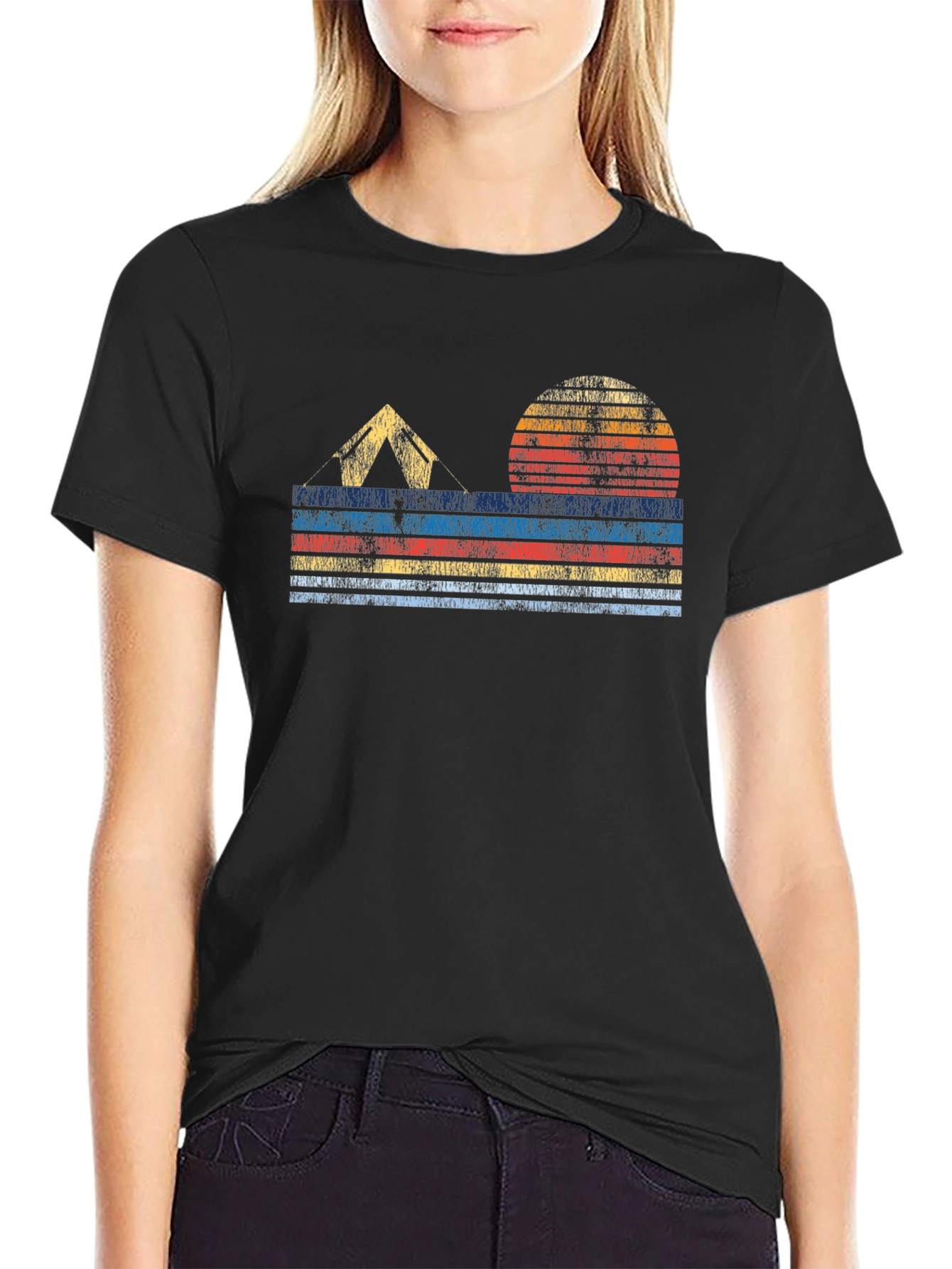 Retro Camping T-Shirt - Tent & Sunset Design